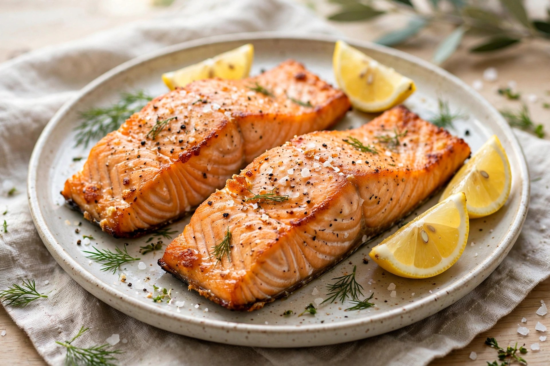 Air fryer salmon fillets with crispy edges and lemon
