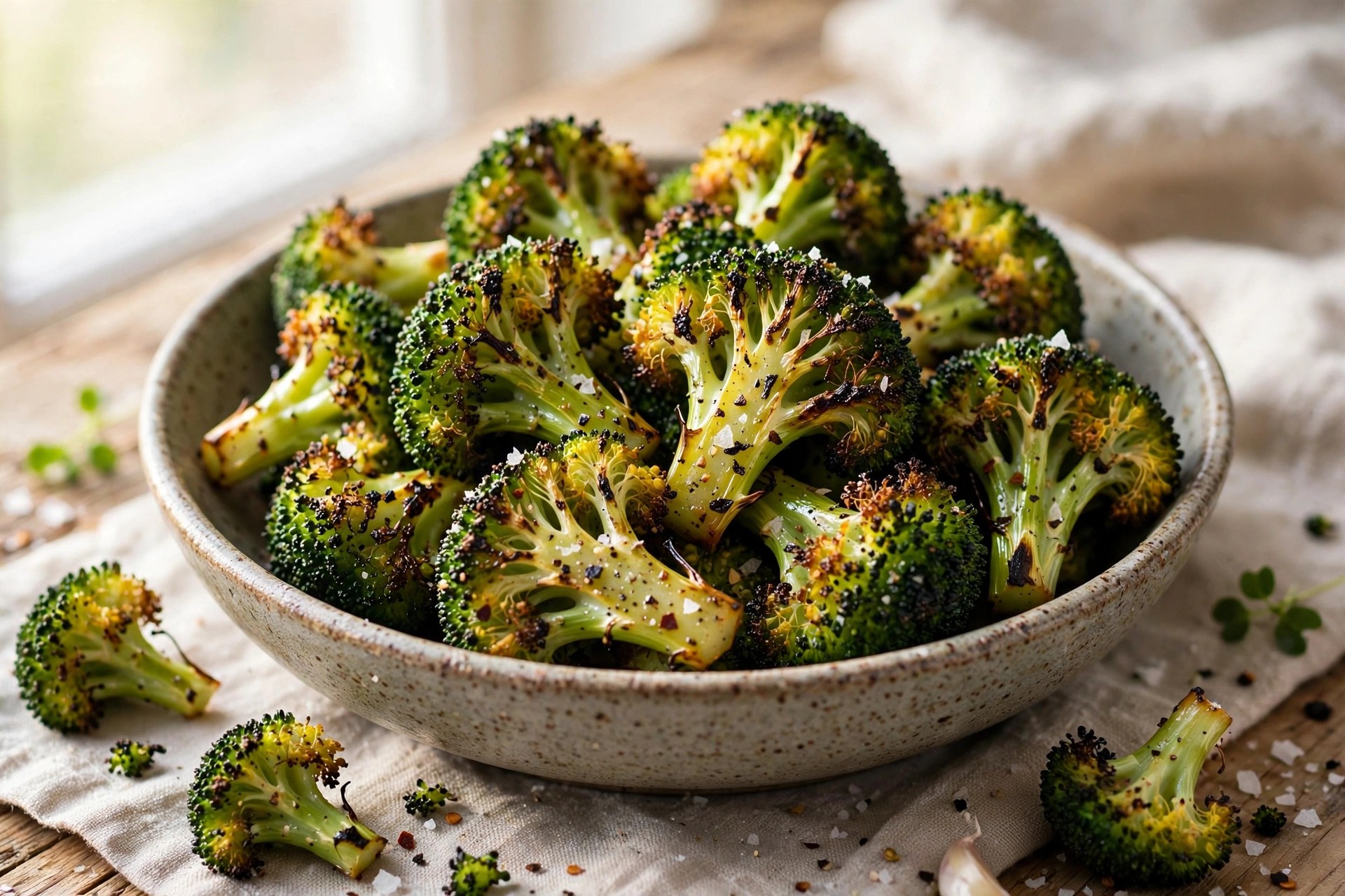 Air fryer crispy broccoli florets with charred edges