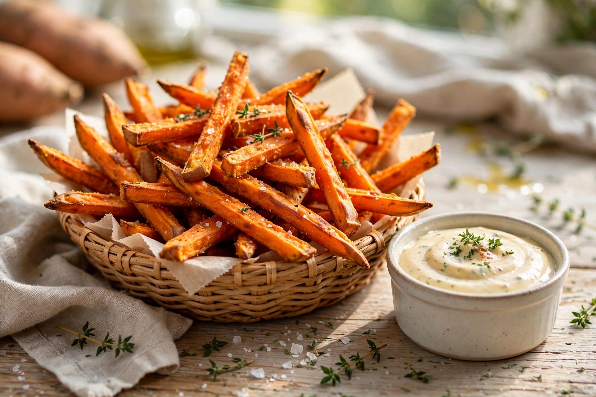 Air fryer sweet potato fries crispy with dipping sauce
