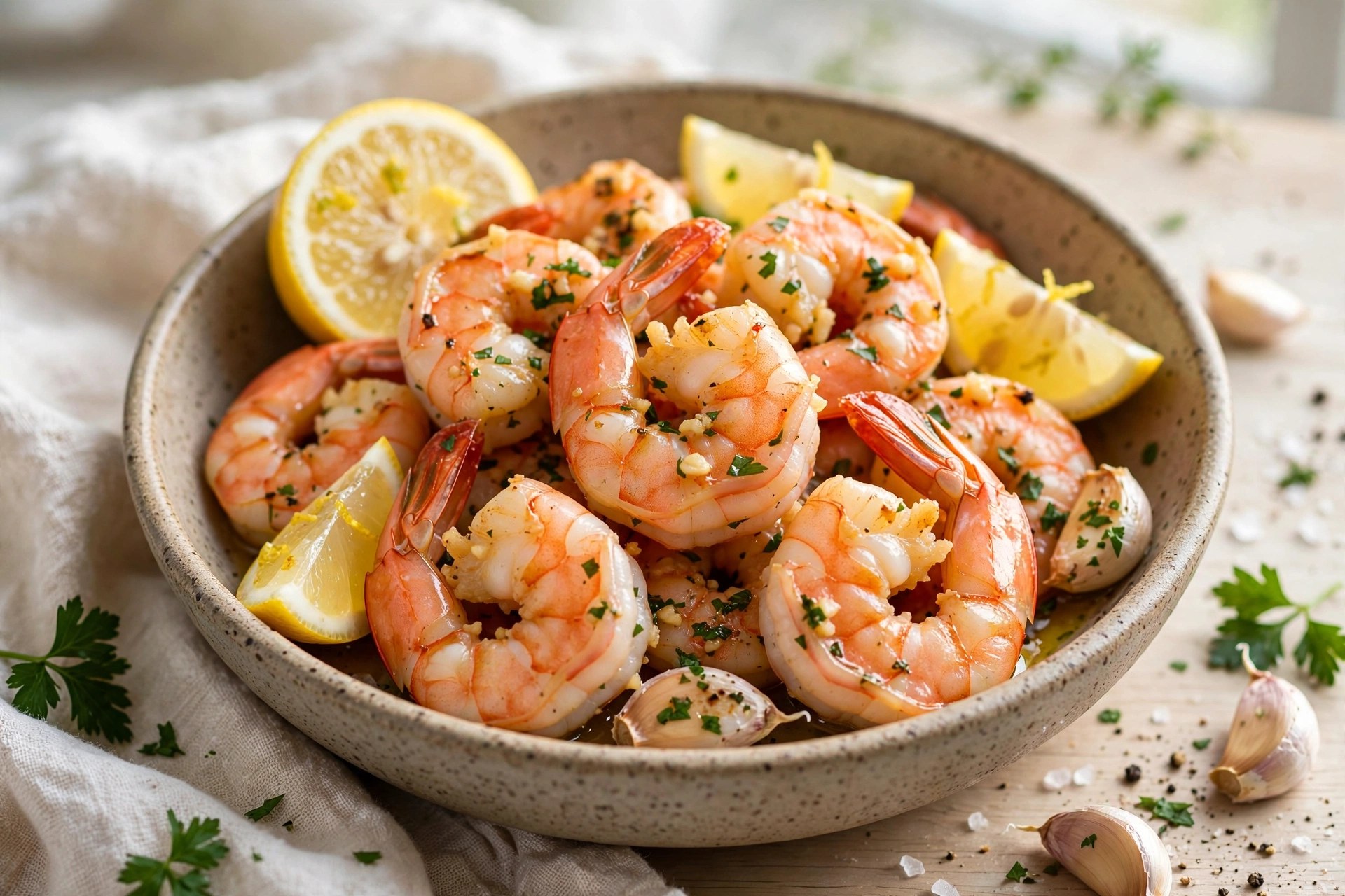 Air fryer garlic shrimp pink and juicy with lemon