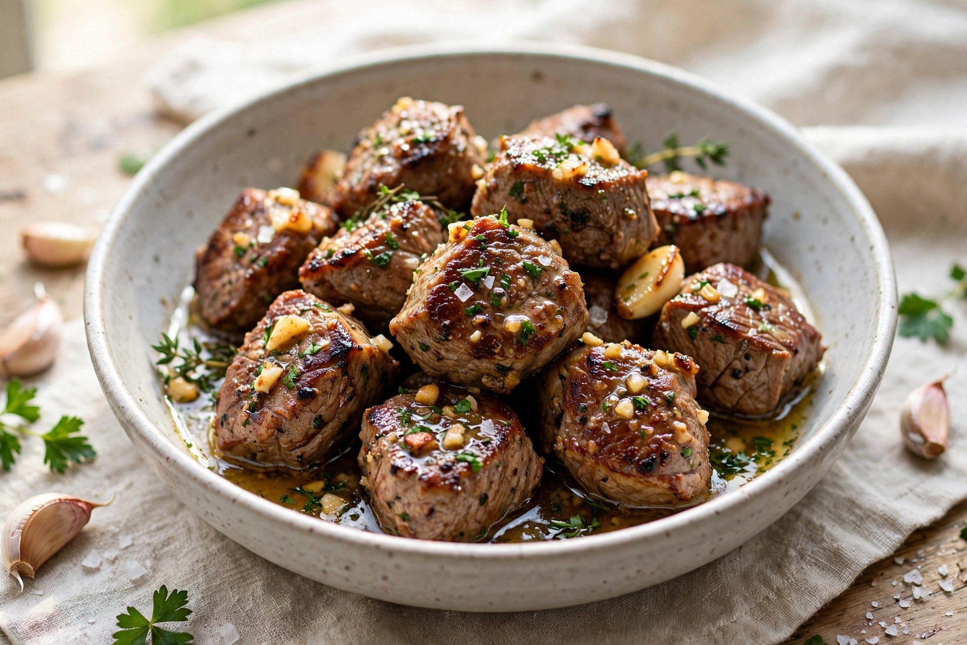 Air fryer steak bites with garlic butter