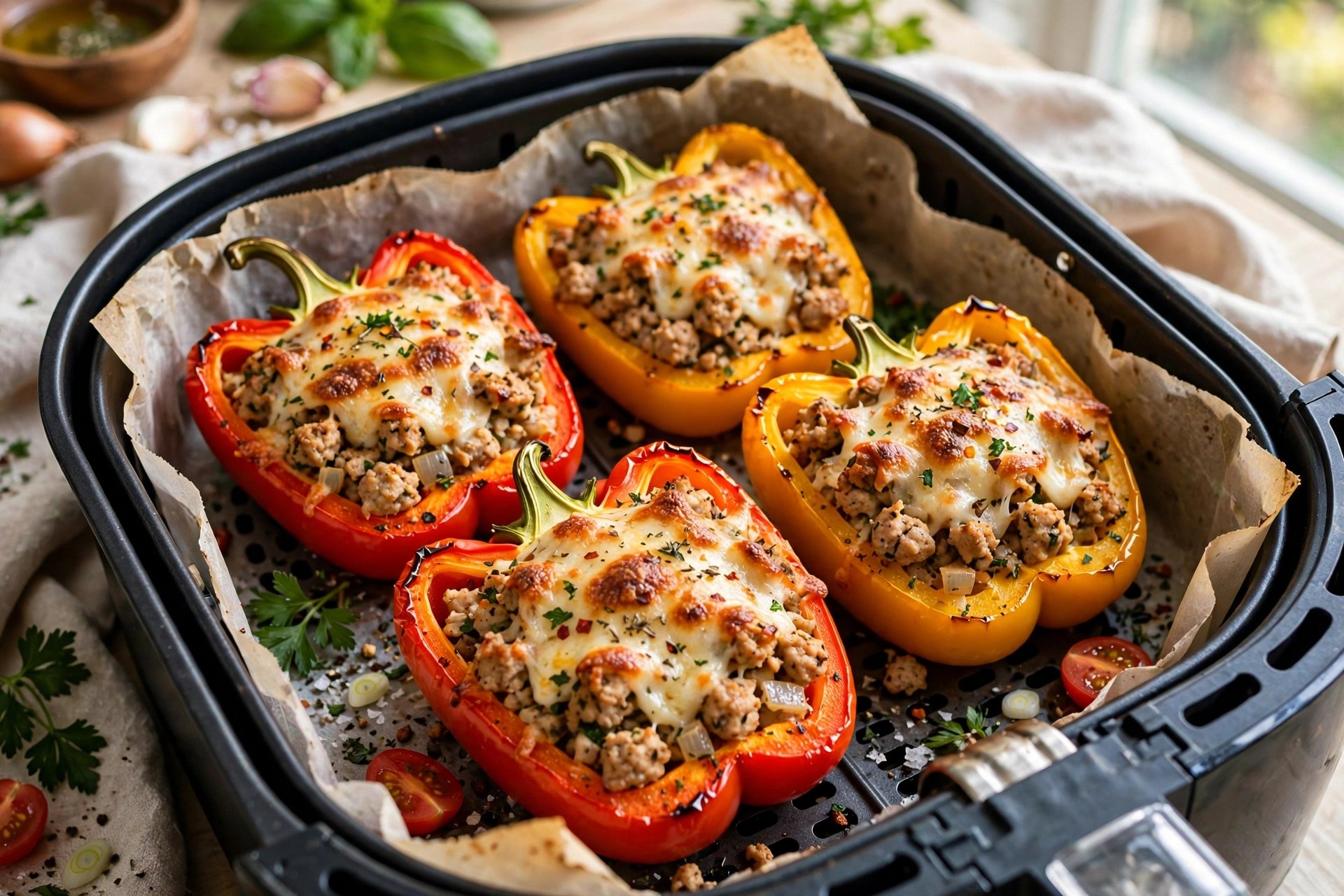 Air fryer turkey stuffed peppers with melted cheese