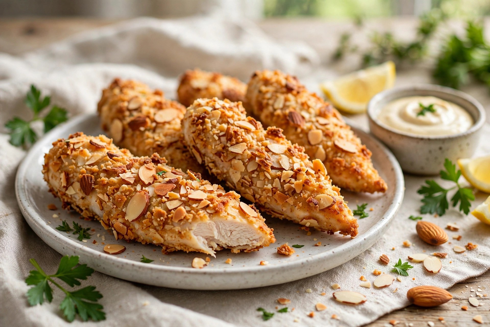 Air fryer almond-crusted chicken tenders golden