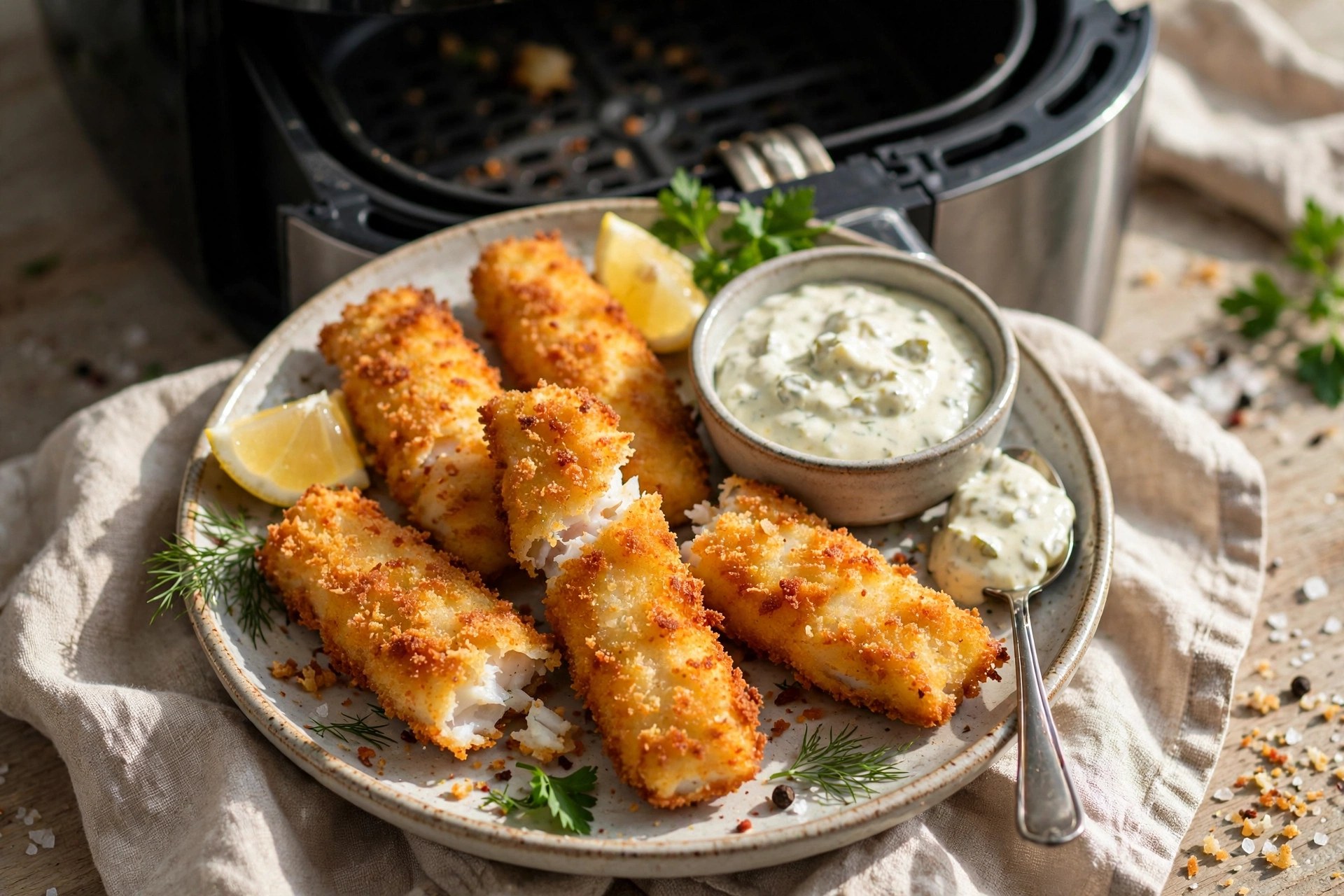 Air fryer homemade fish sticks golden with tartar sauce