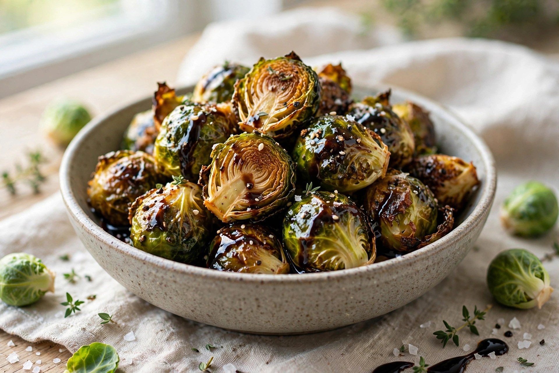 Air fryer brussels sprouts crispy with balsamic glaze