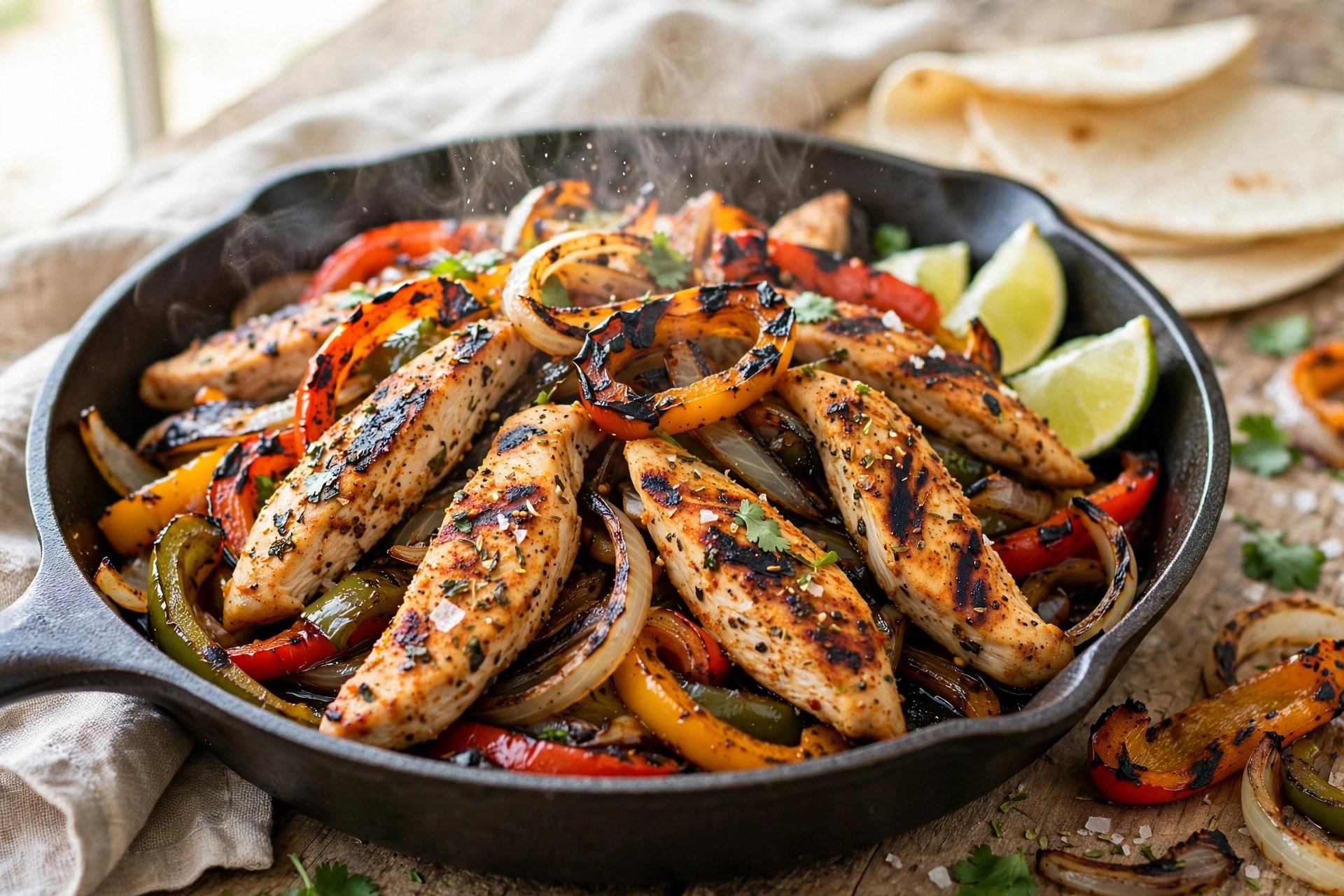 Air fryer chicken fajitas with charred peppers