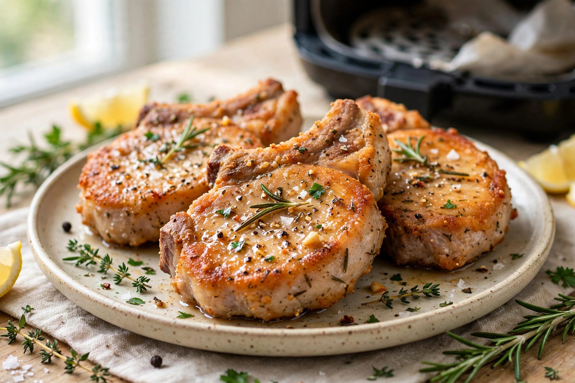 Air fryer pork chops golden with herbs