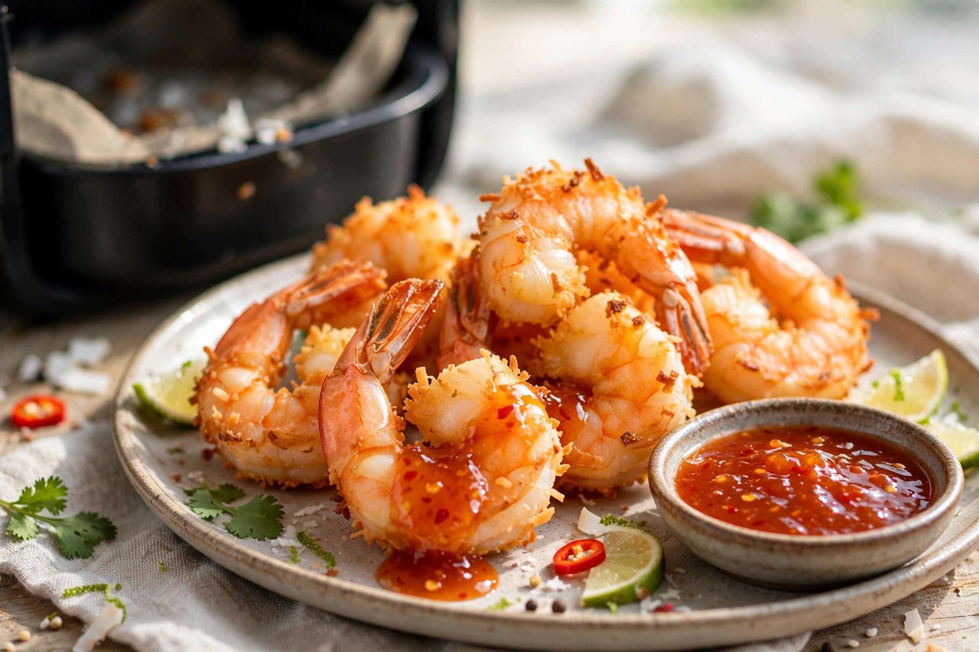 Air fryer light coconut shrimp with sweet chili sauce