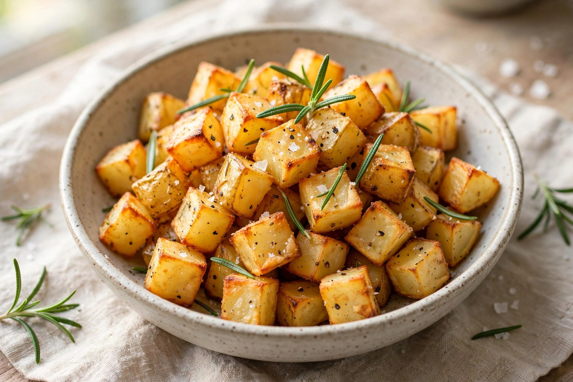Air fryer crispy potatoes golden cubes with rosemary
