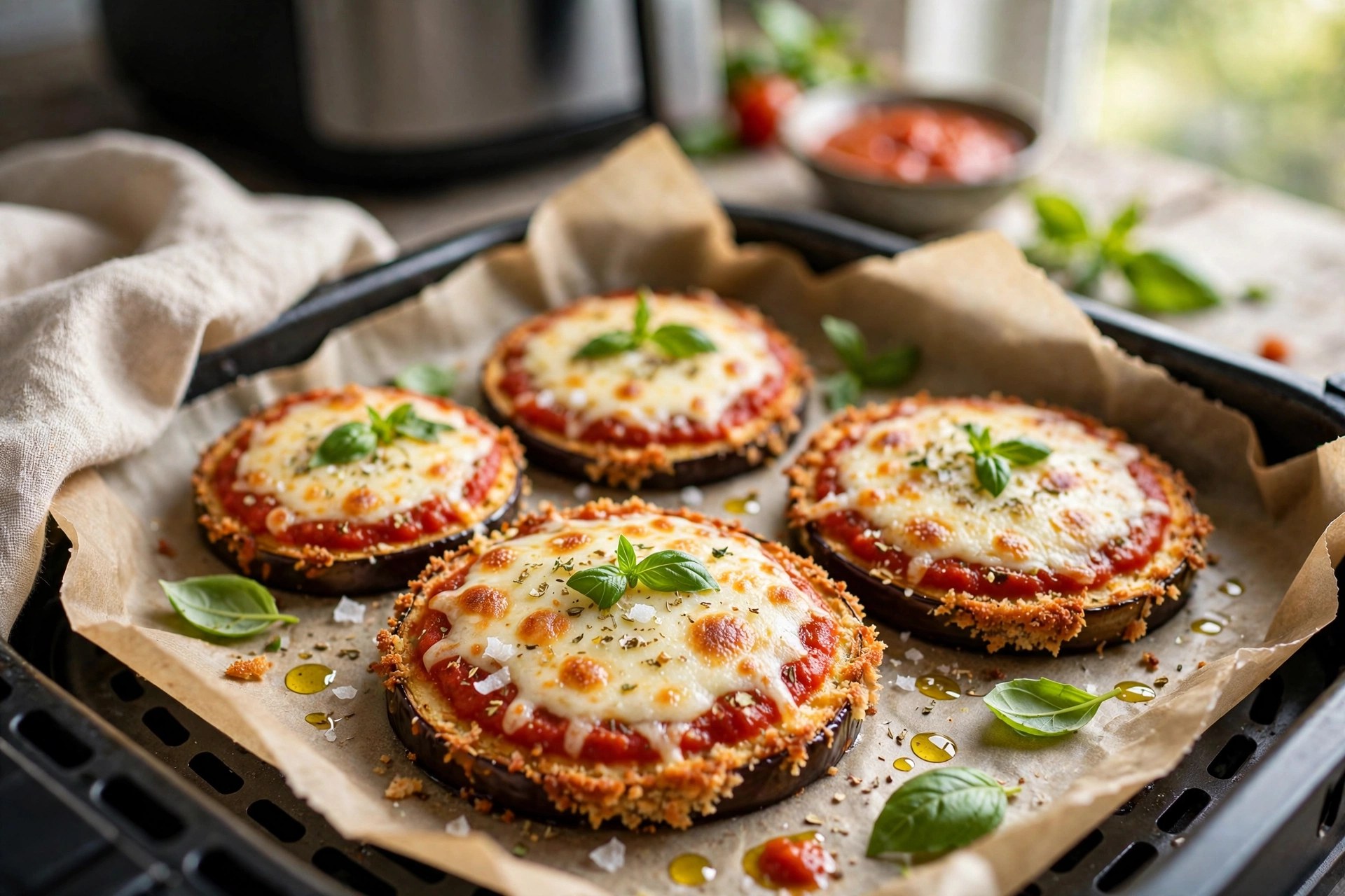Air fryer light eggplant parmesan with marinara