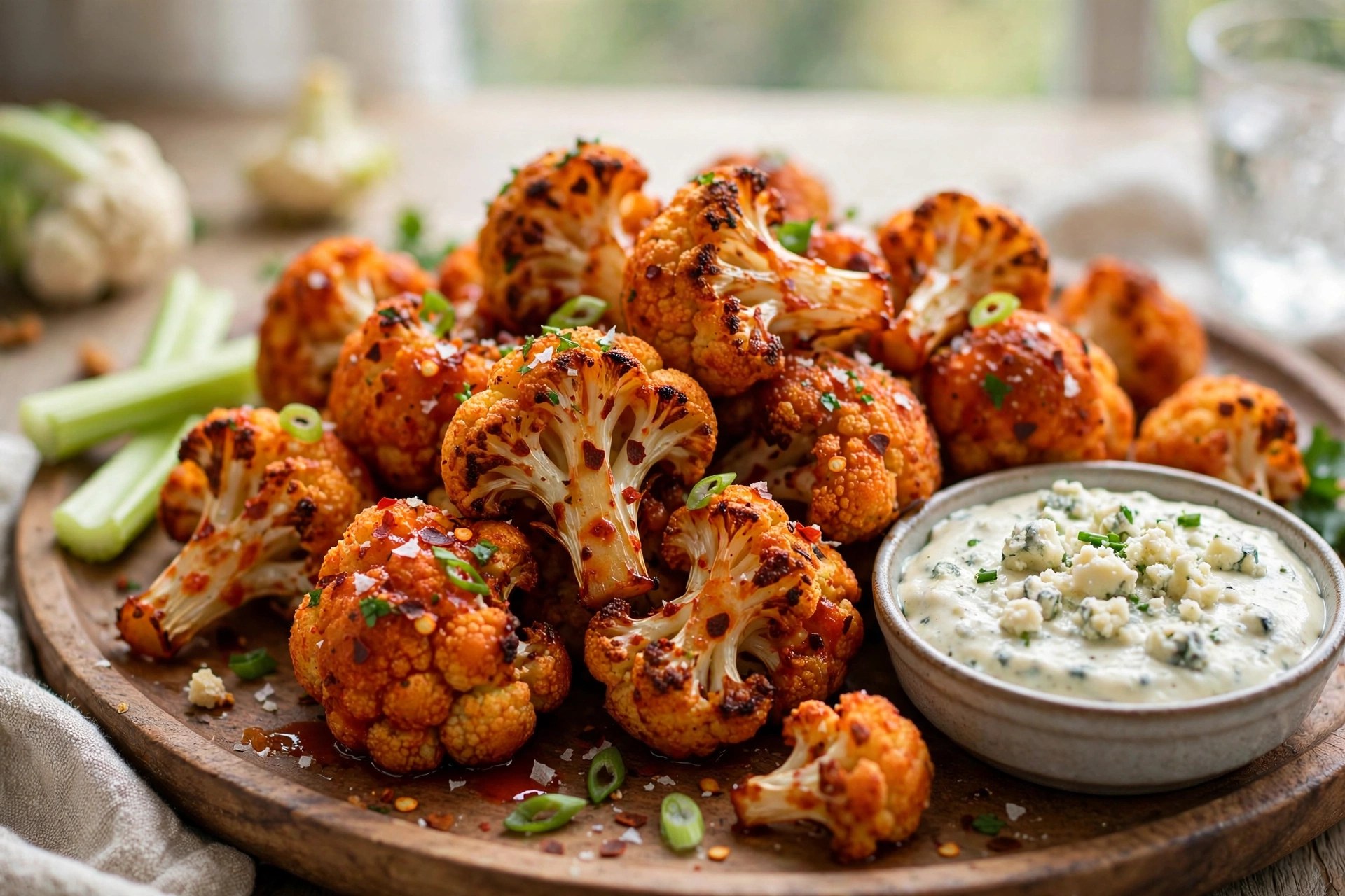 Air fryer buffalo cauliflower with blue cheese dip