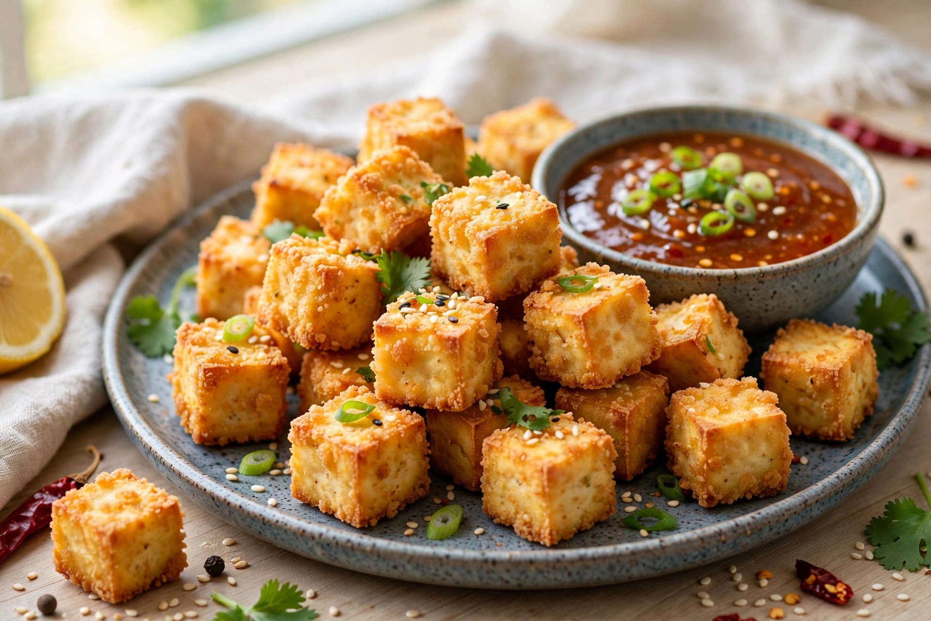 Air fryer crispy tofu bites golden with dipping sauce