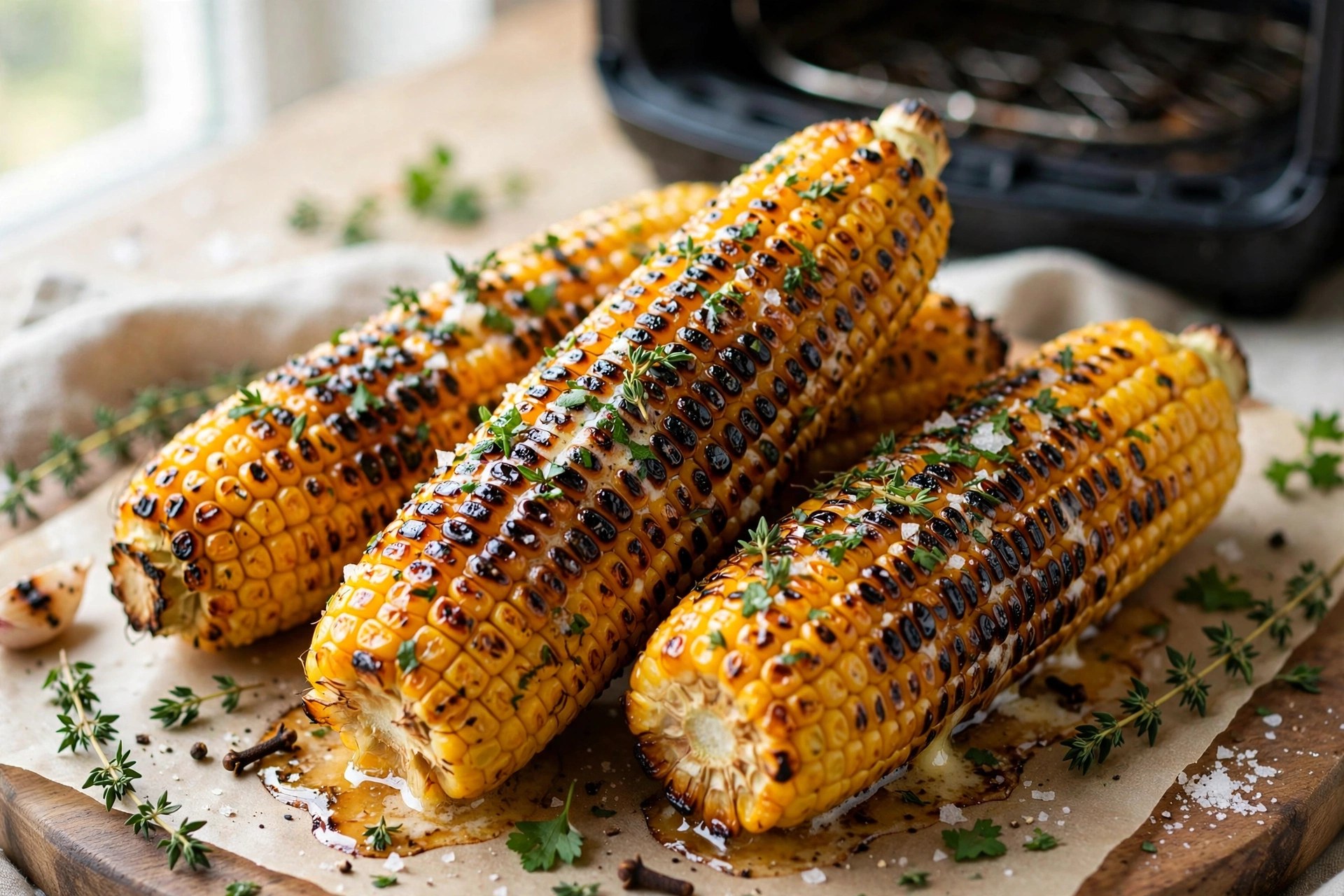 Air fryer corn on the cob charred and buttery