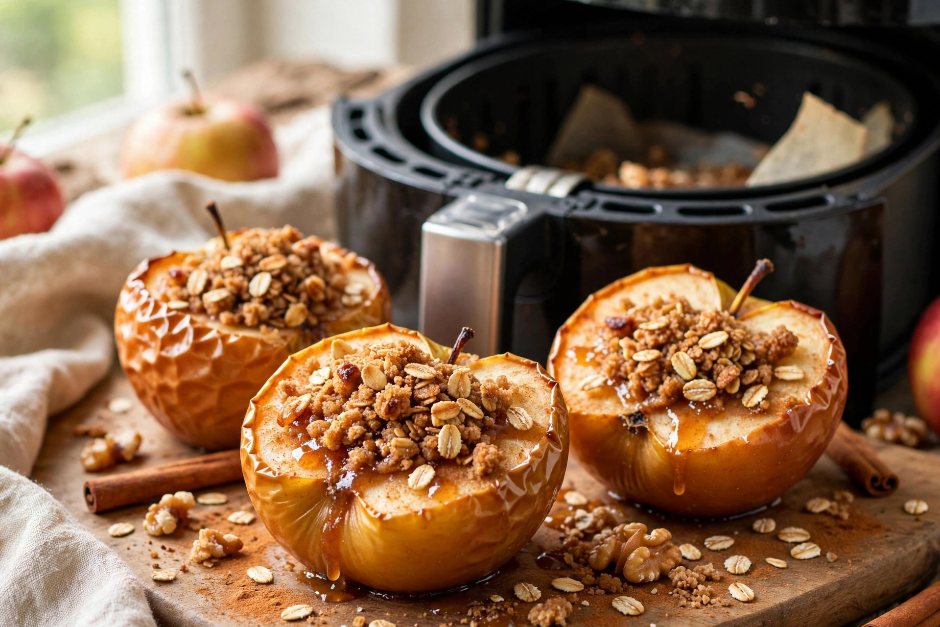 Air fryer baked apples with cinnamon and oats