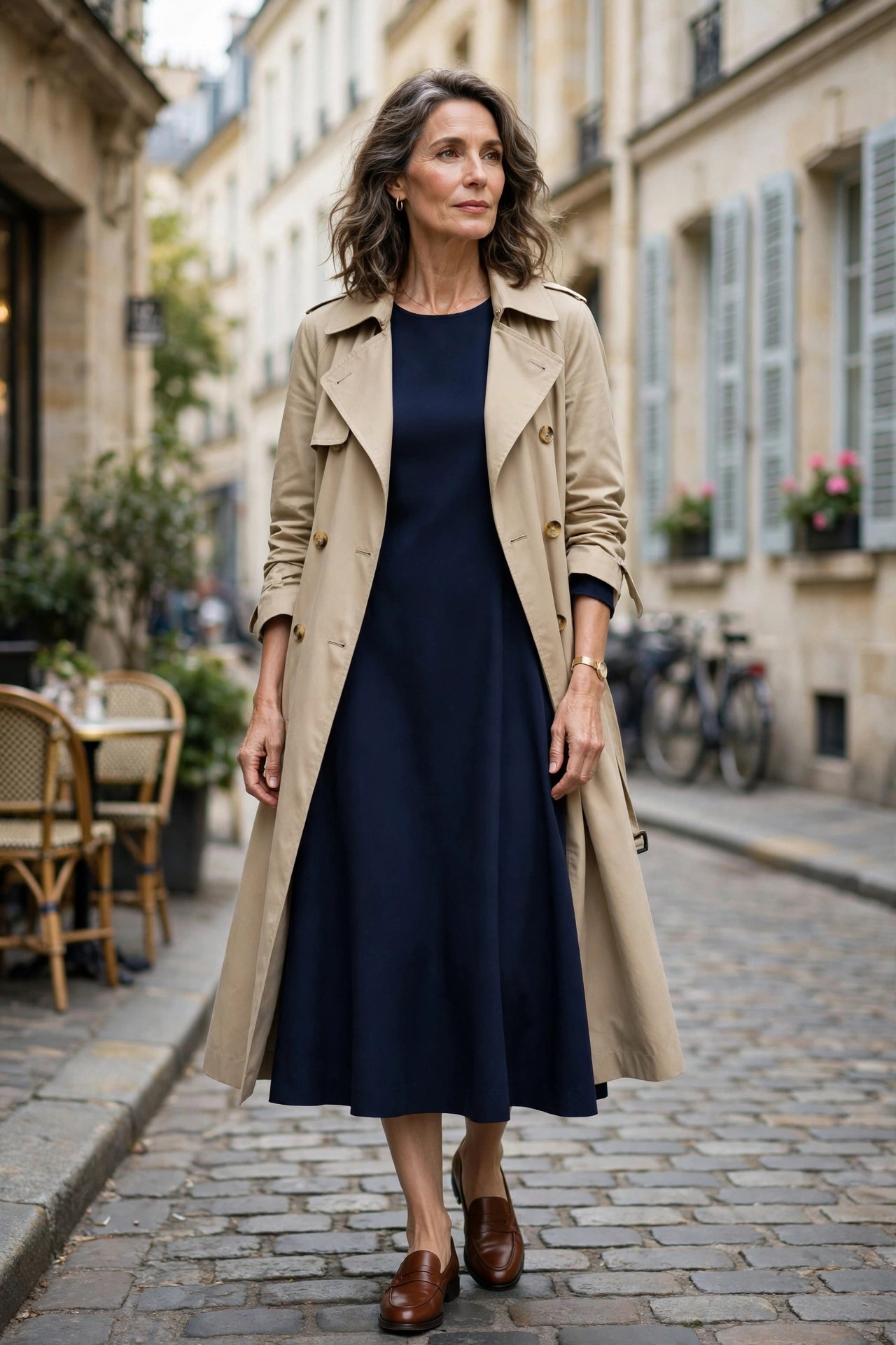 Woman over 50 in a navy A-line midi dress layered under a beige trench coat