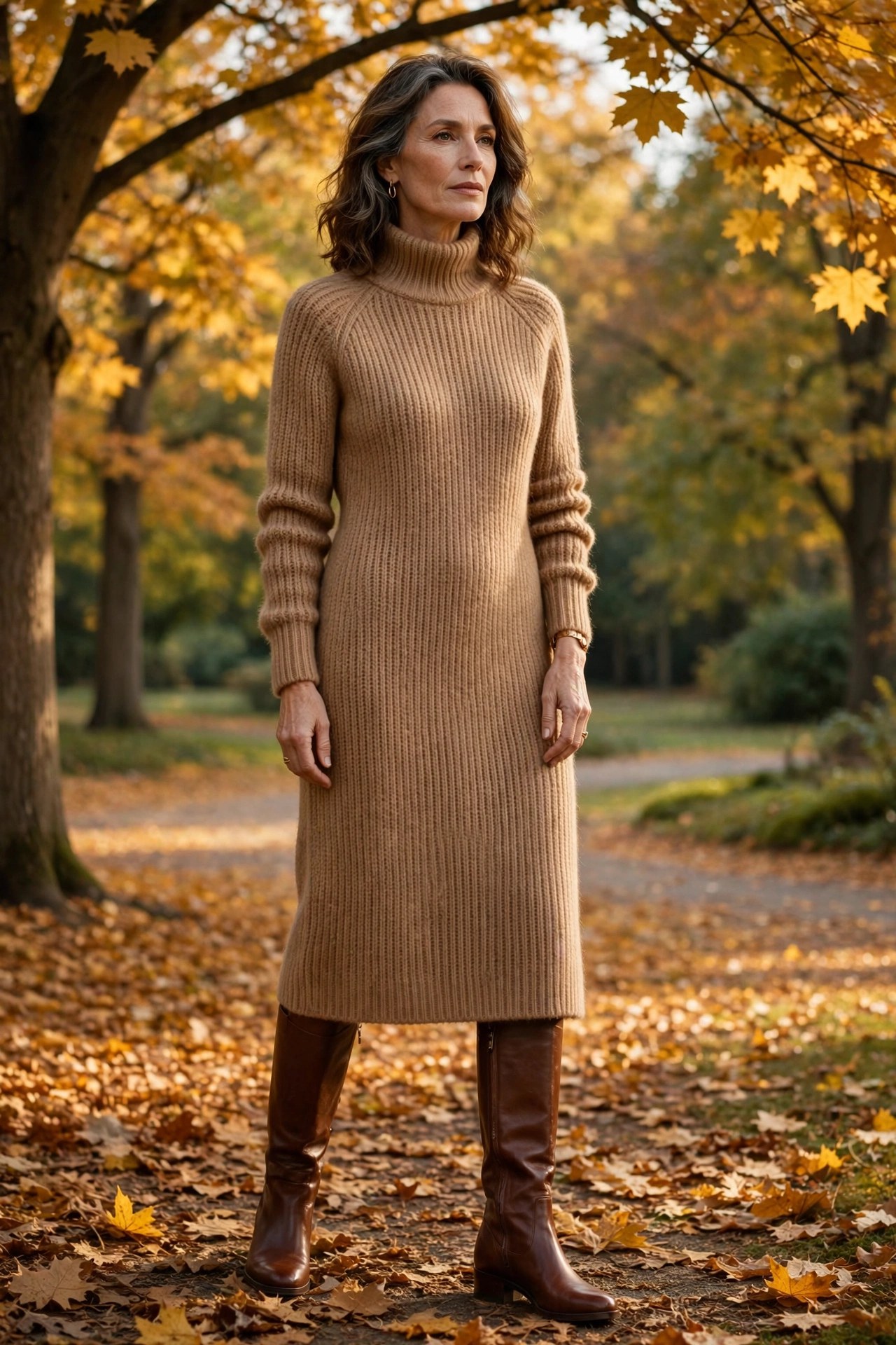 Woman over 50 in a camel knit sweater midi dress with knee-high leather boots