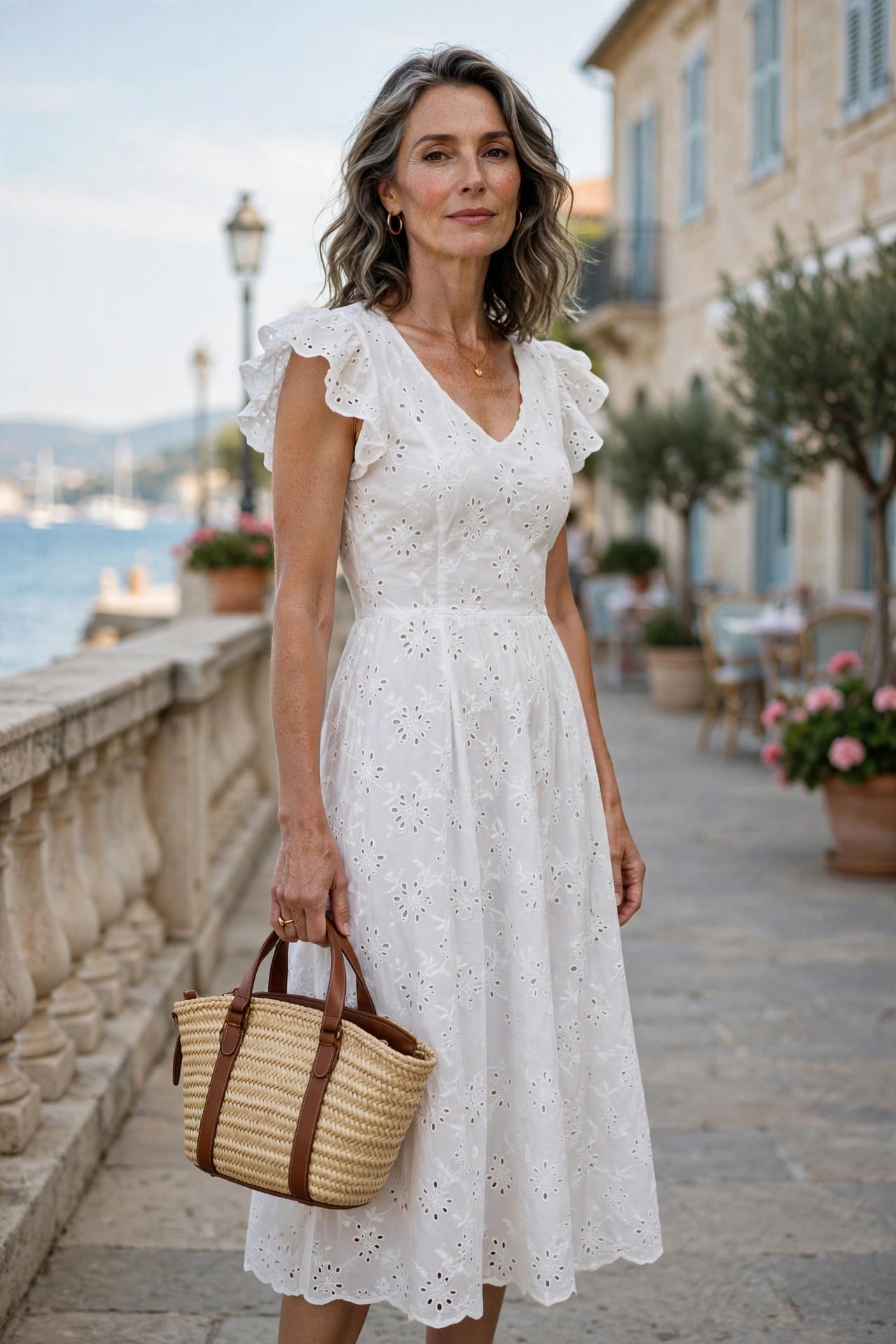 Woman in her 50s in a white eyelet midi dress carrying a straw handbag