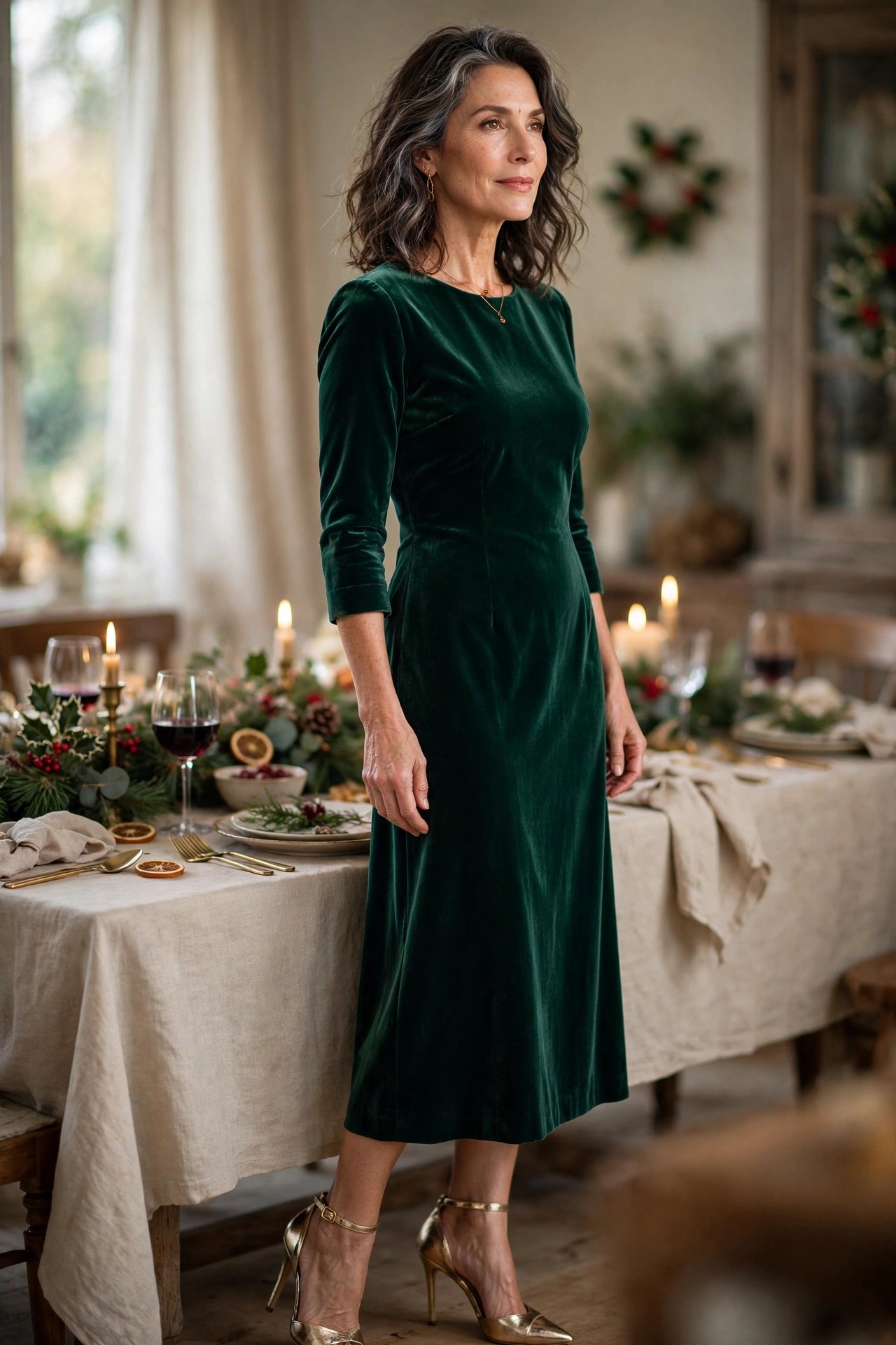 Elegant woman wearing an emerald velvet midi dress with gold heels at a holiday dinner