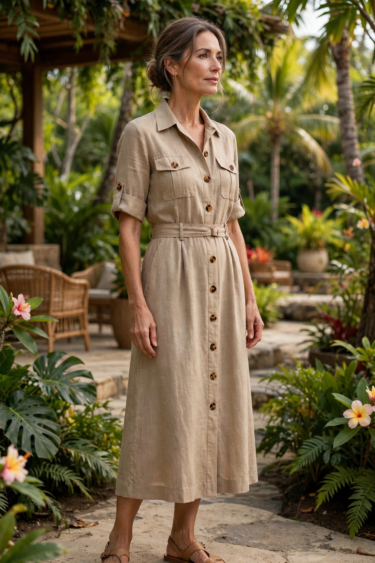 Woman in her 50s in a sand linen safari midi dress with tan flat sandals