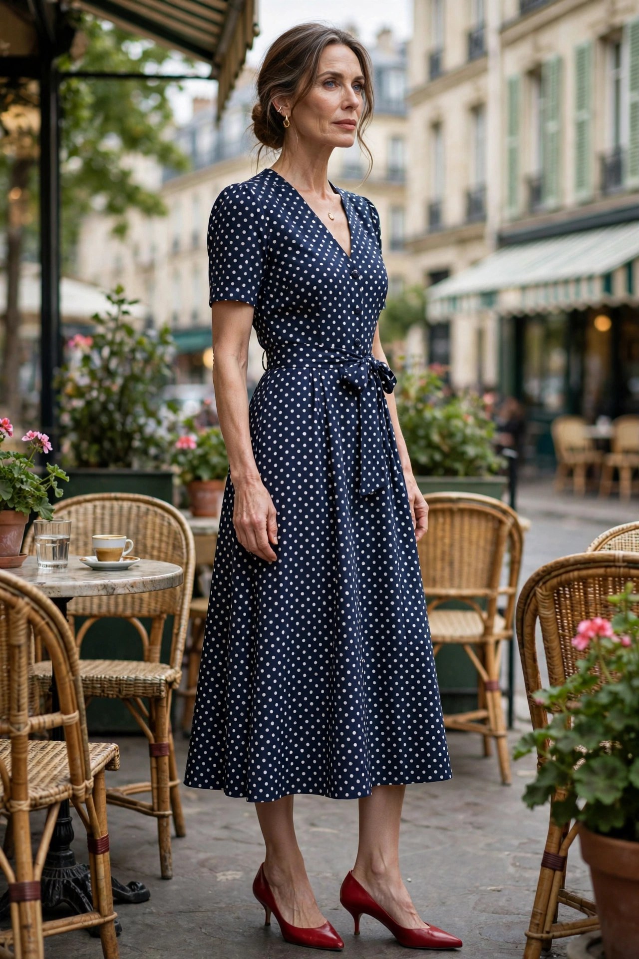 Woman over 50 wearing a navy polka-dot midi dress with red kitten heels