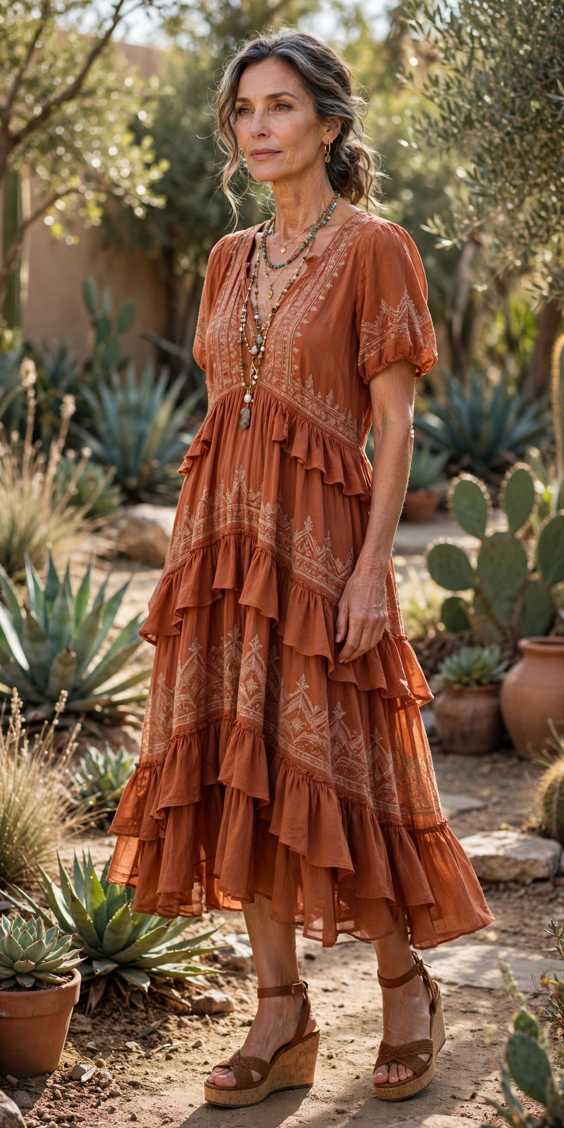 Woman in her 50s wearing a terracotta tiered boho midi dress with wedge sandals