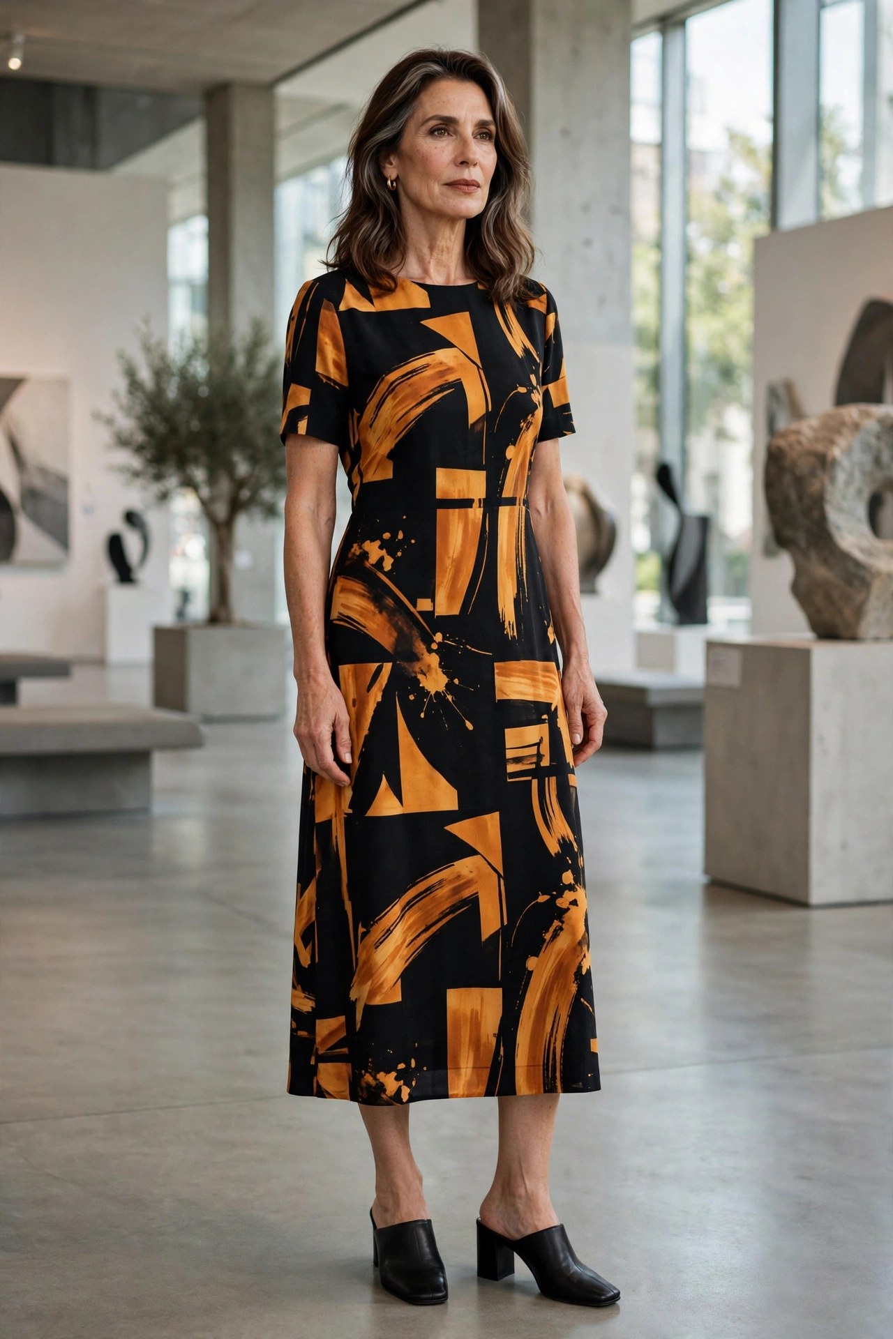Elegant woman in an abstract-print midi dress in black and amber with black mules