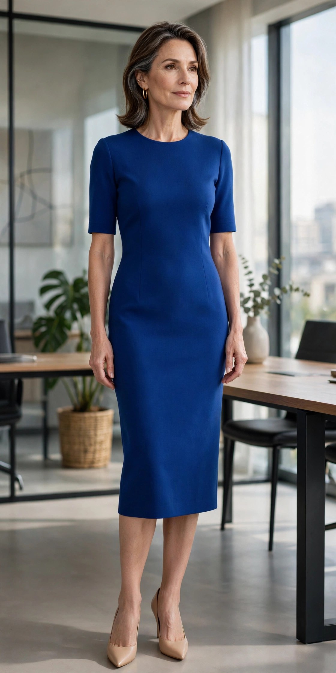 Woman over 50 in a cobalt blue ponte sheath midi dress with nude pumps