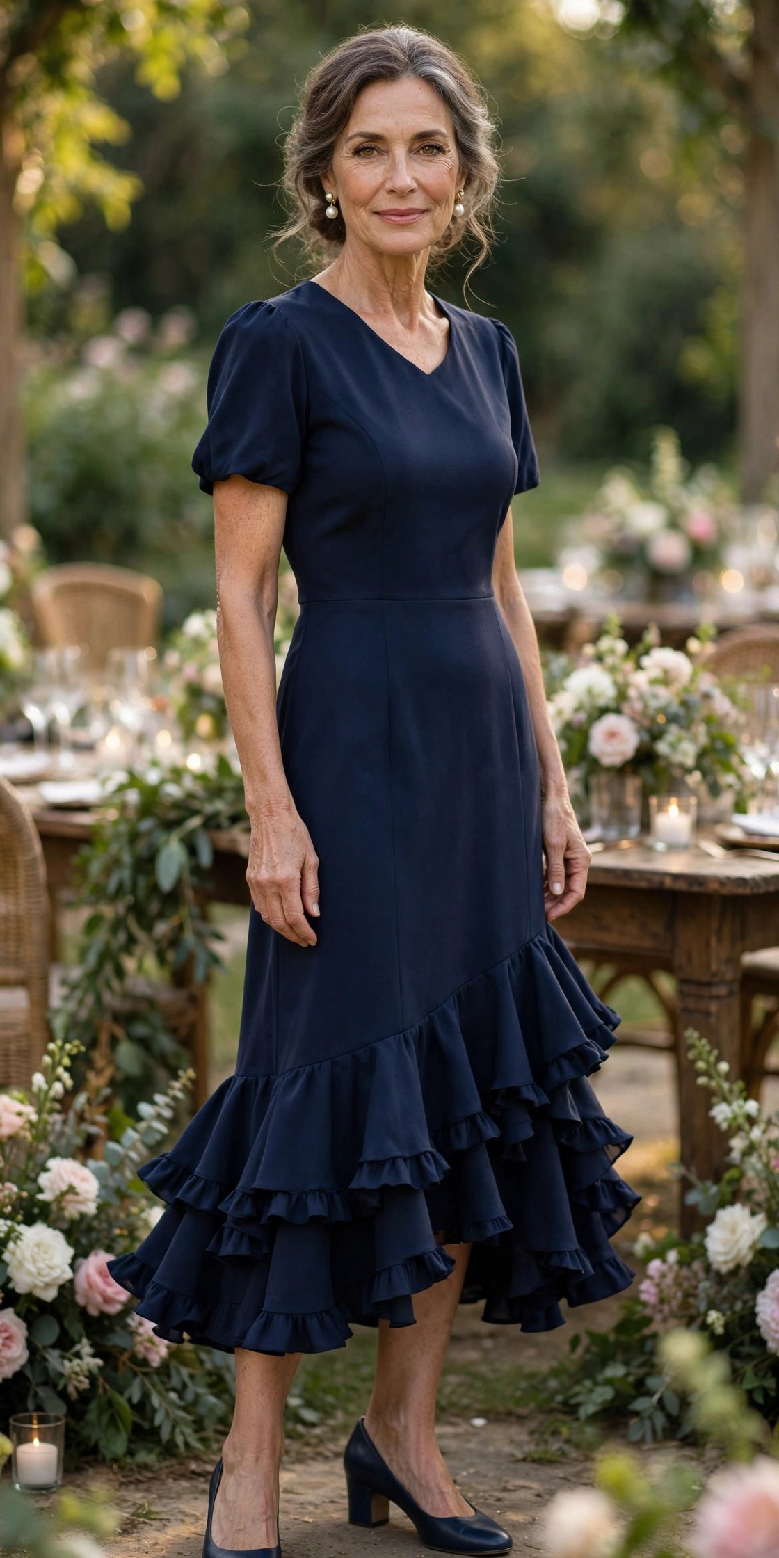 Elegant woman wearing a navy ruffle-hem midi dress with pearl earrings