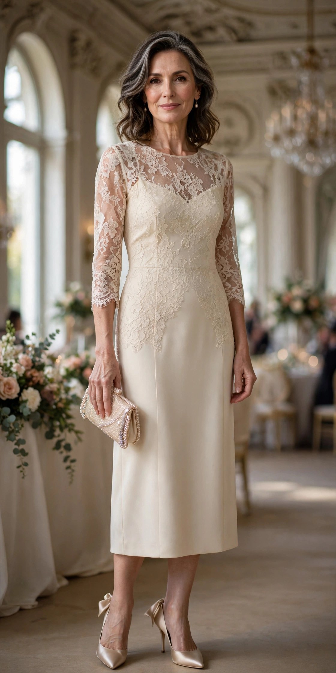 Elegant woman wearing a cream lace-overlay midi dress with champagne heels