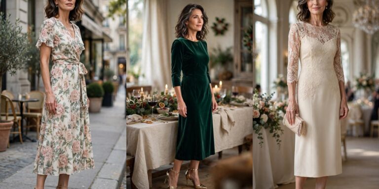 Three flattering midi dresses for women over 50: floral wrap, emerald velvet, cream lace