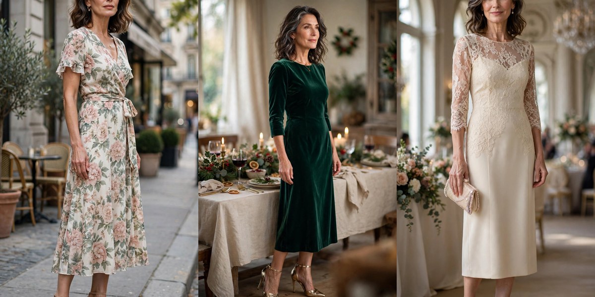 Three flattering midi dresses for women over 50: floral wrap, emerald velvet, cream lace