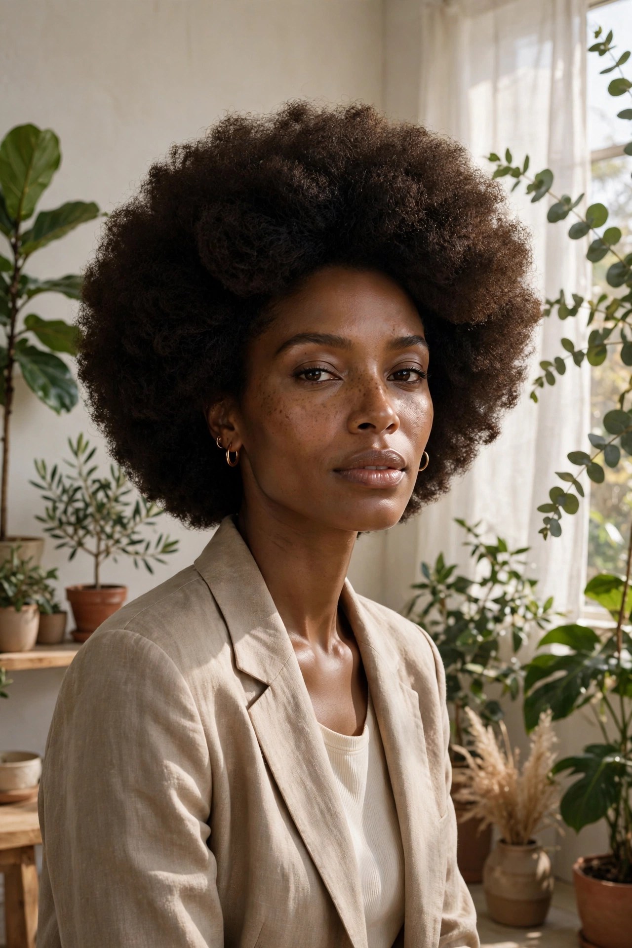 Woman in her 30s with a classic full afro