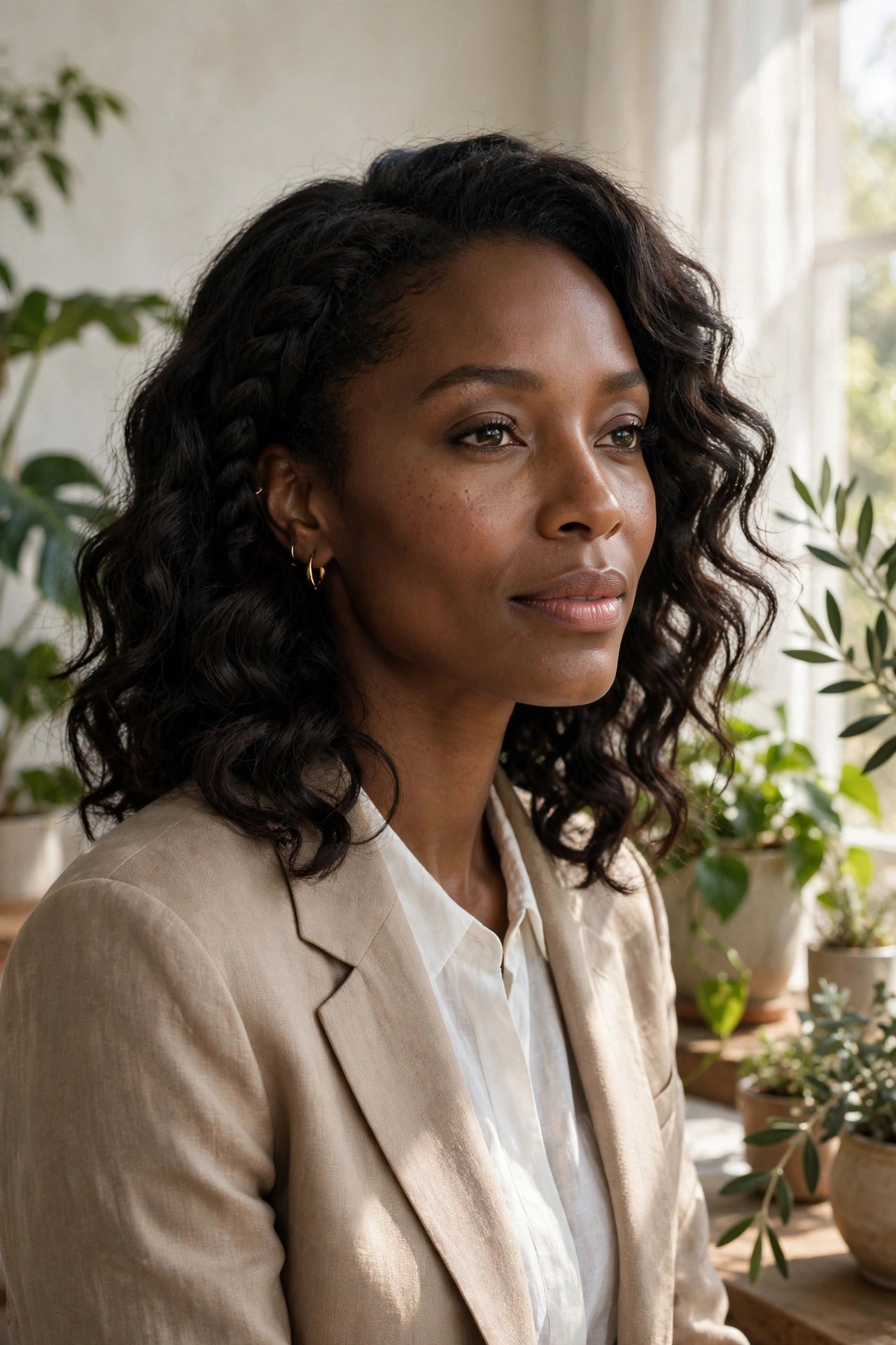 Woman in her 30s with a soft braid-out