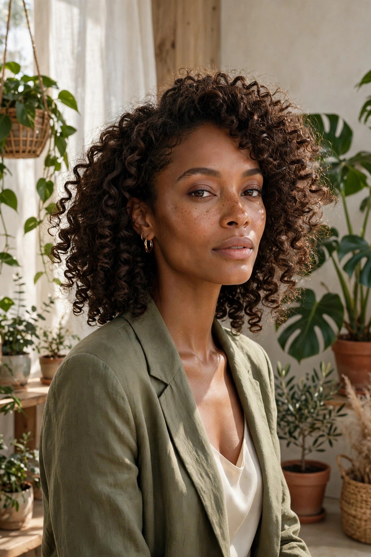 Woman in her 30s with a bantu knot-out