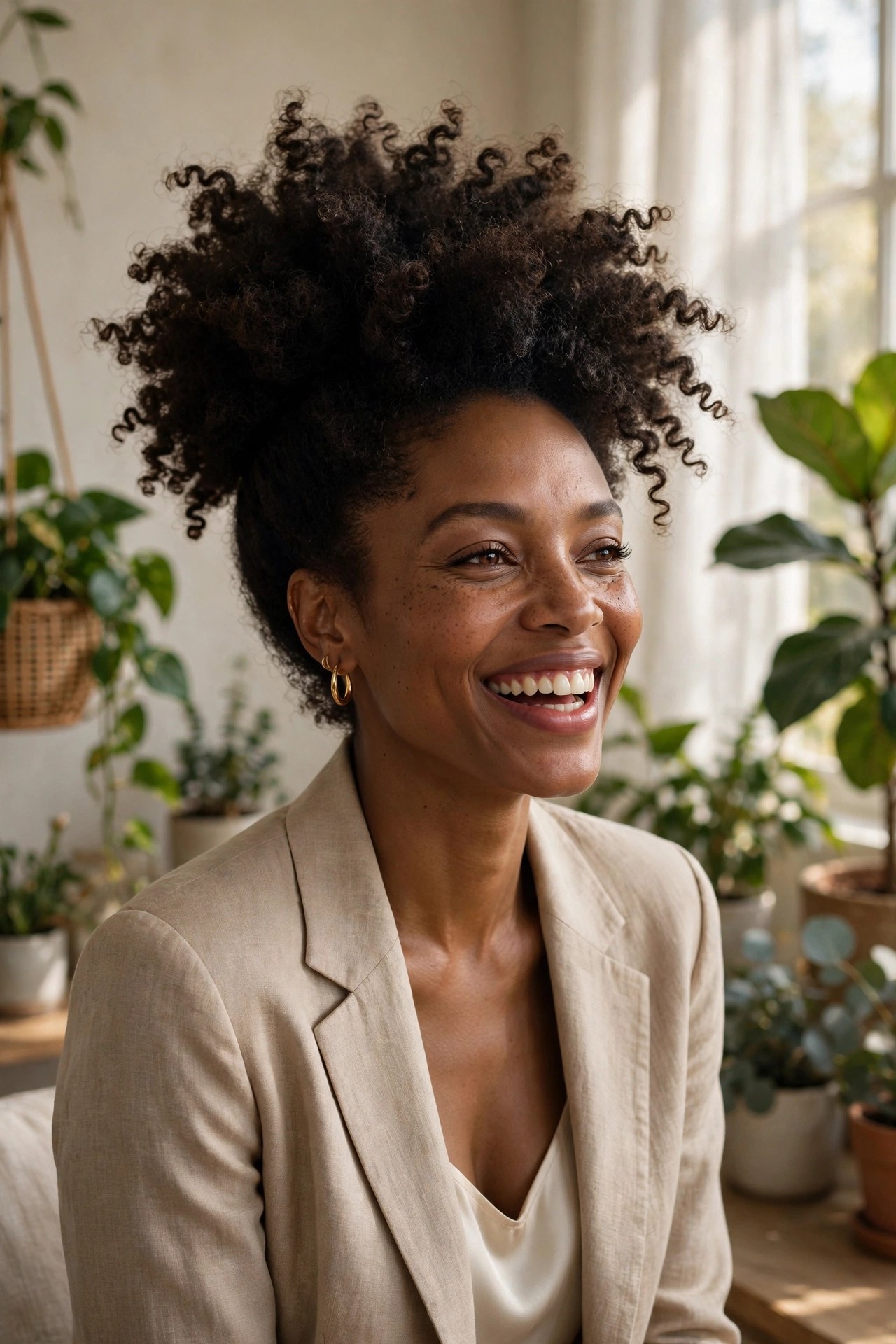 Woman in her 30s with a high puff