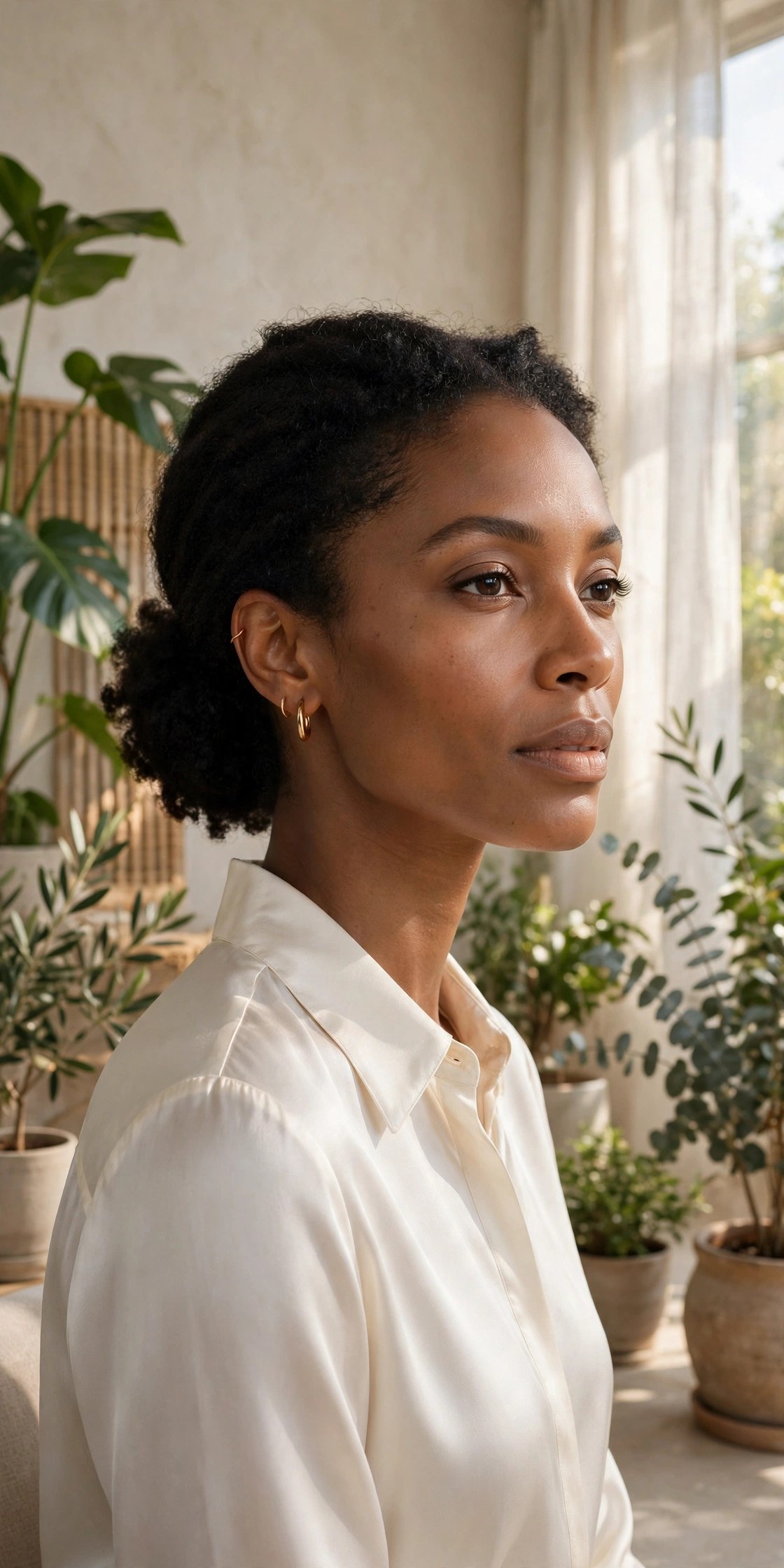 Woman in her 30s with a low puff