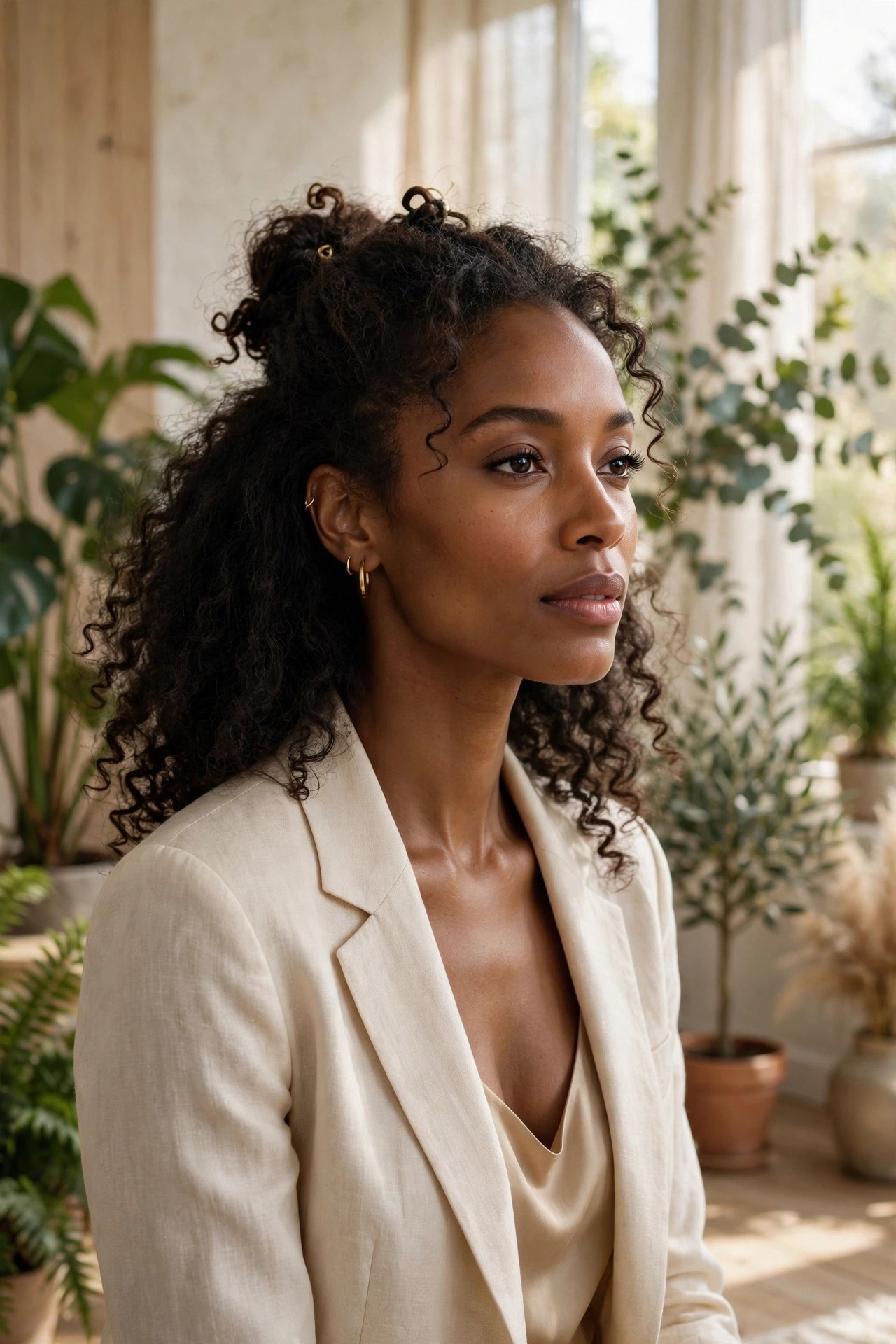 Woman in her 30s with half-up half-down natural hair