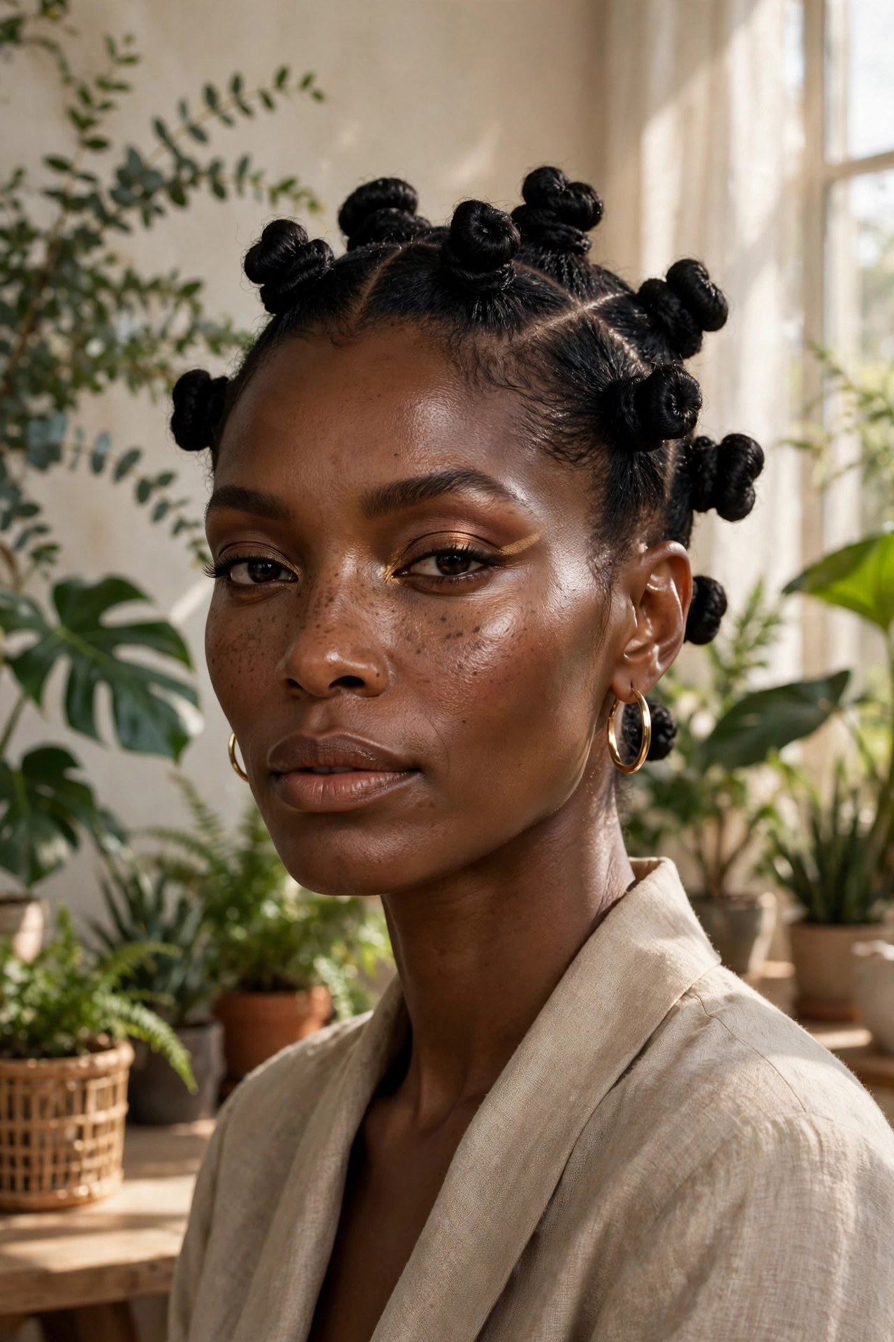 Woman in her 30s with bantu knots