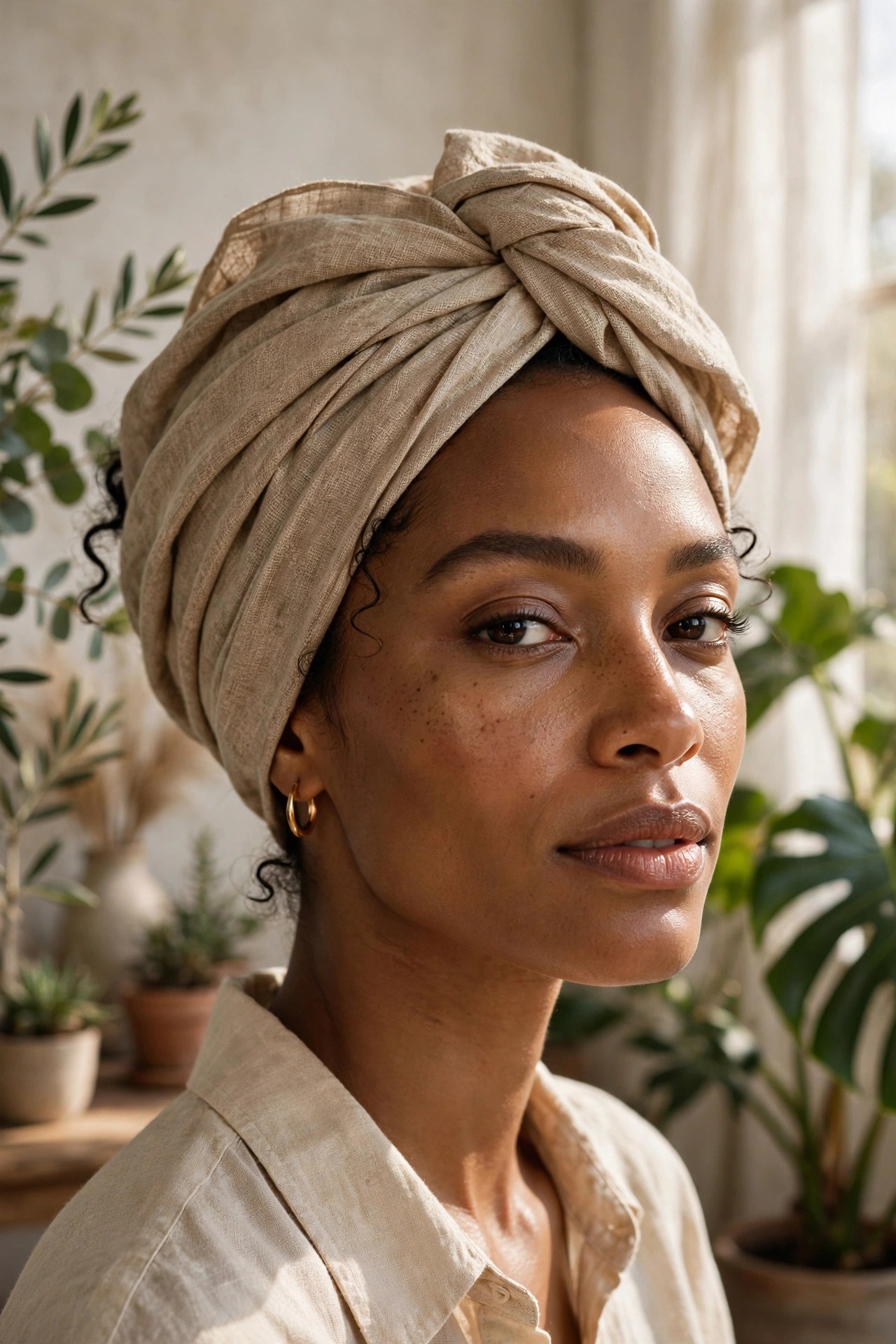 Woman in her 30s with a stylish headwrap
