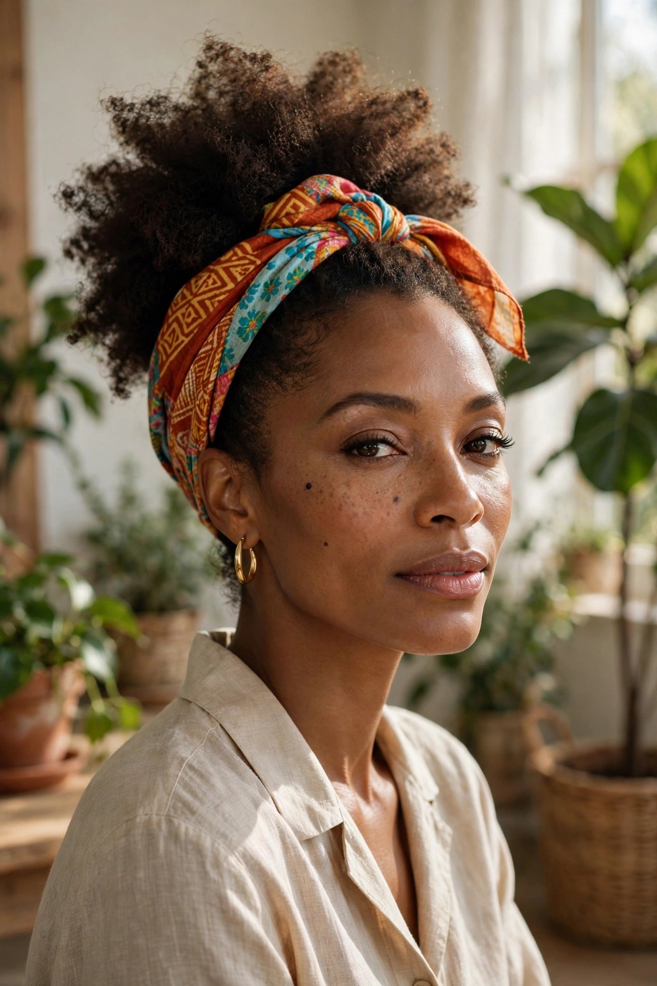 Woman in her 30s with a scarf-tied puff