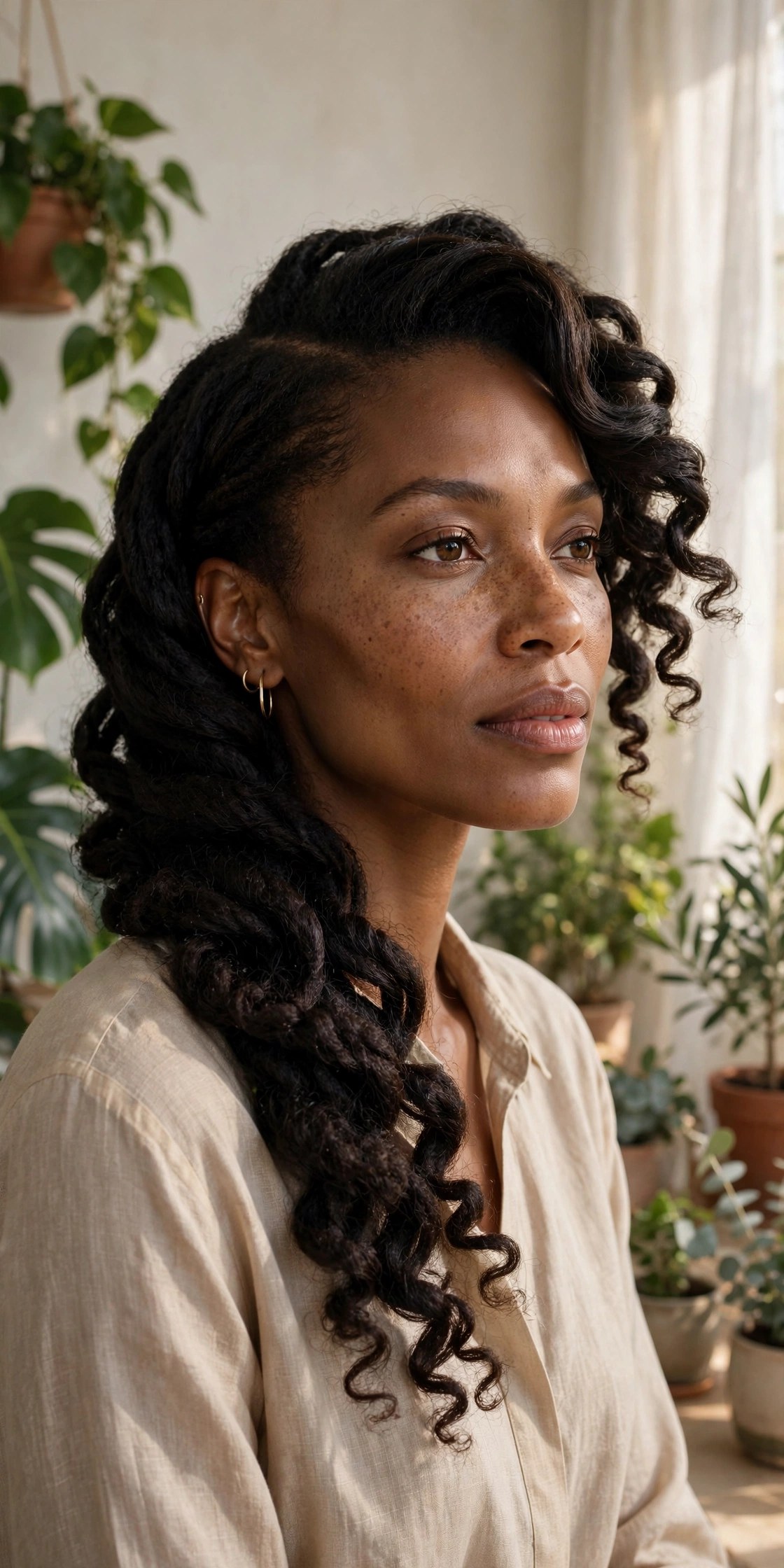 Woman in her 30s with a side-swept twist-out