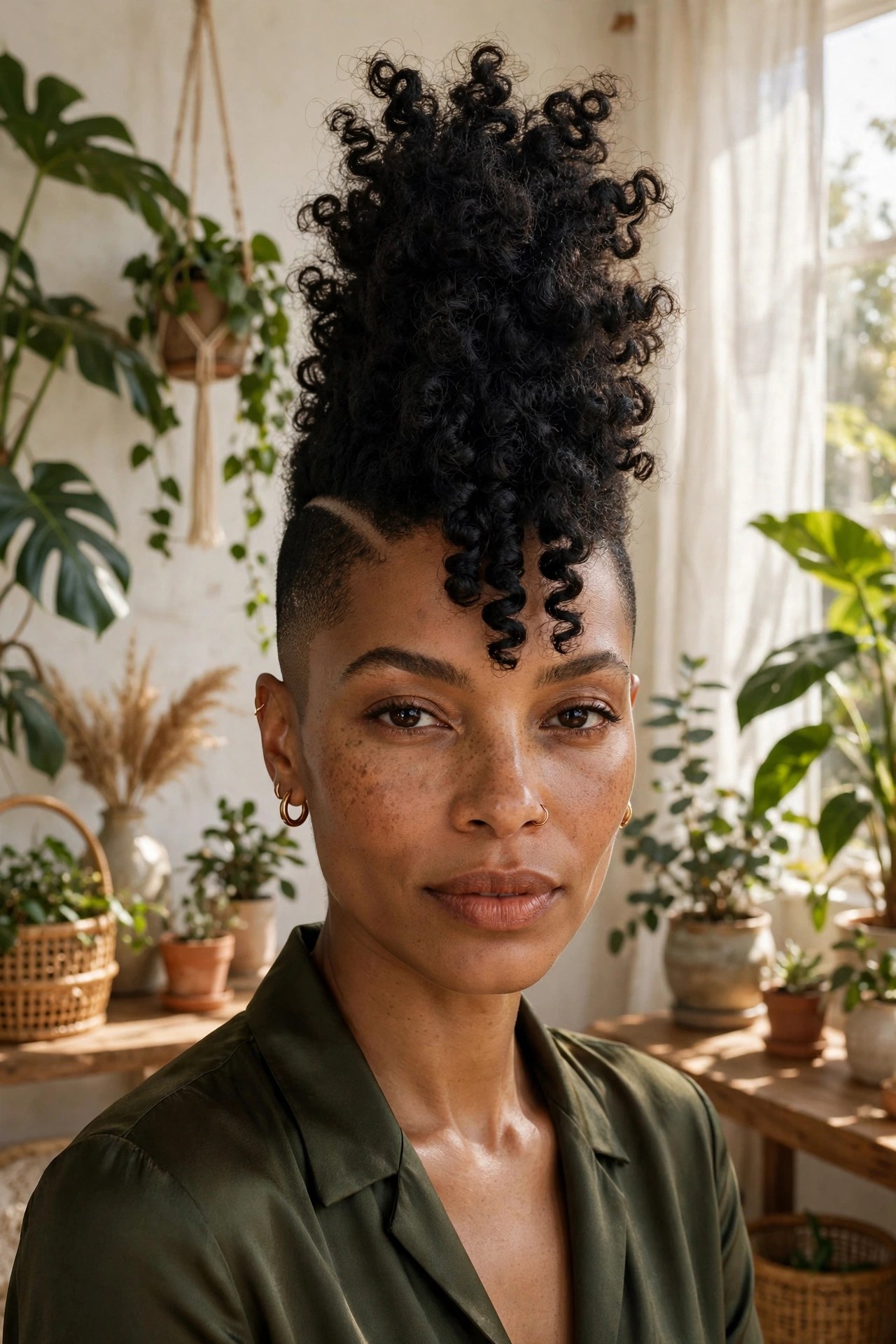 Woman in her 30s with a curly frohawk