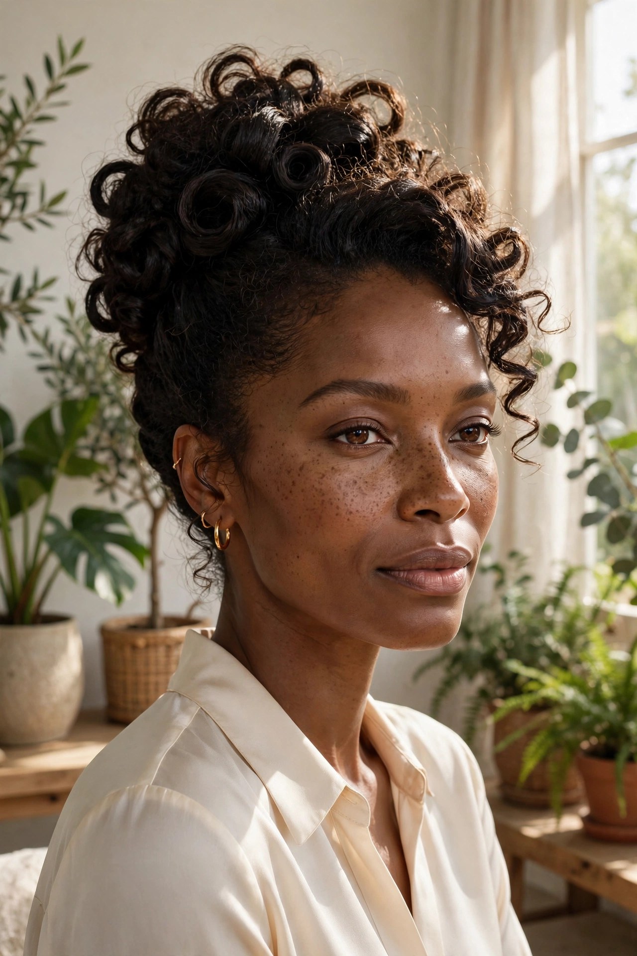 Woman in her 30s with a pinned curly updo