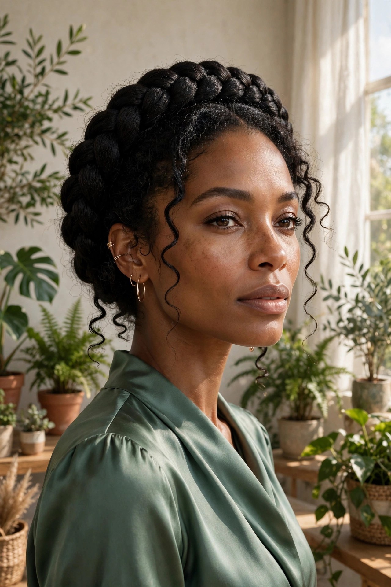 Woman in her 30s with a crown braid