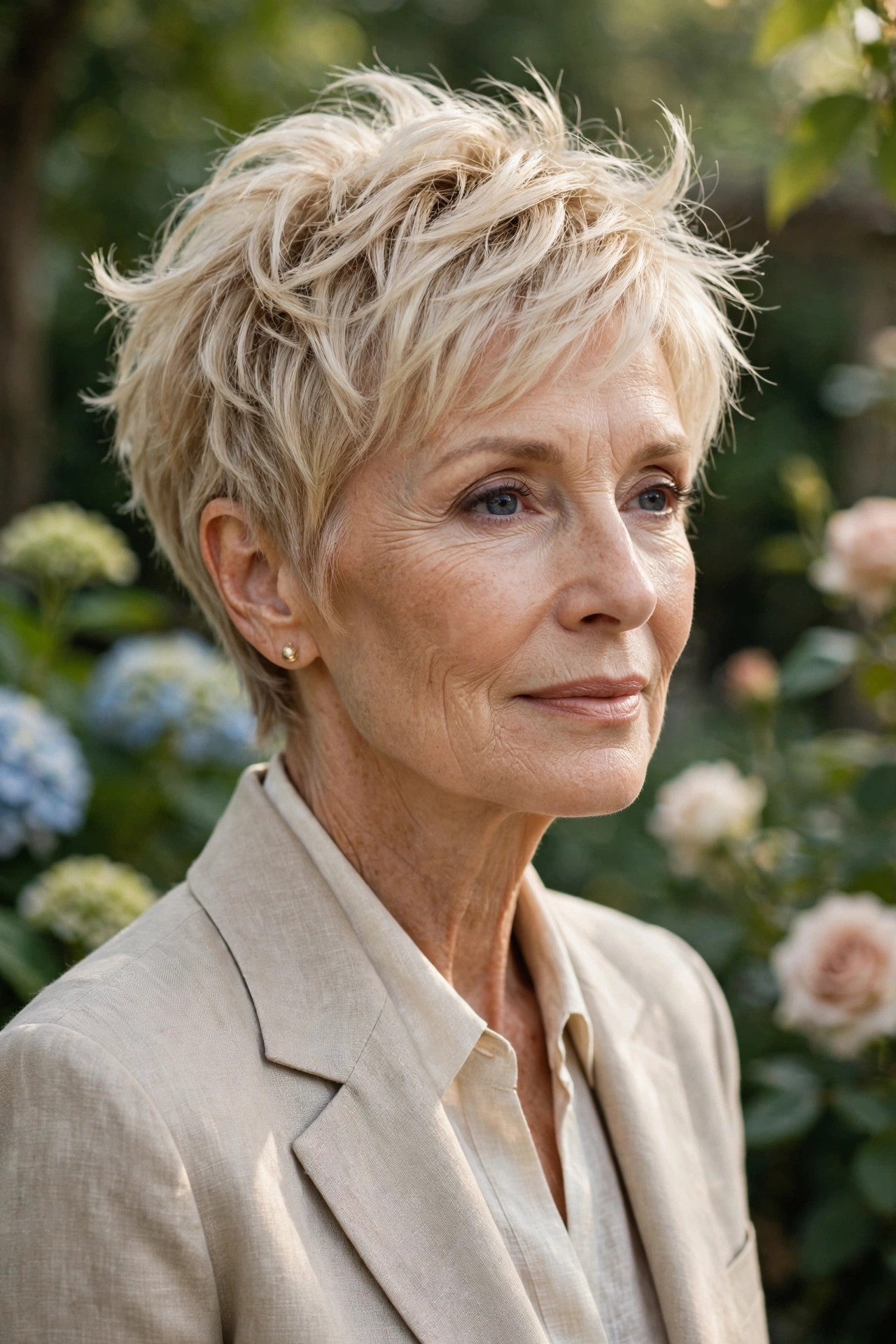 Woman in her 60s with a feathered blonde pixie
