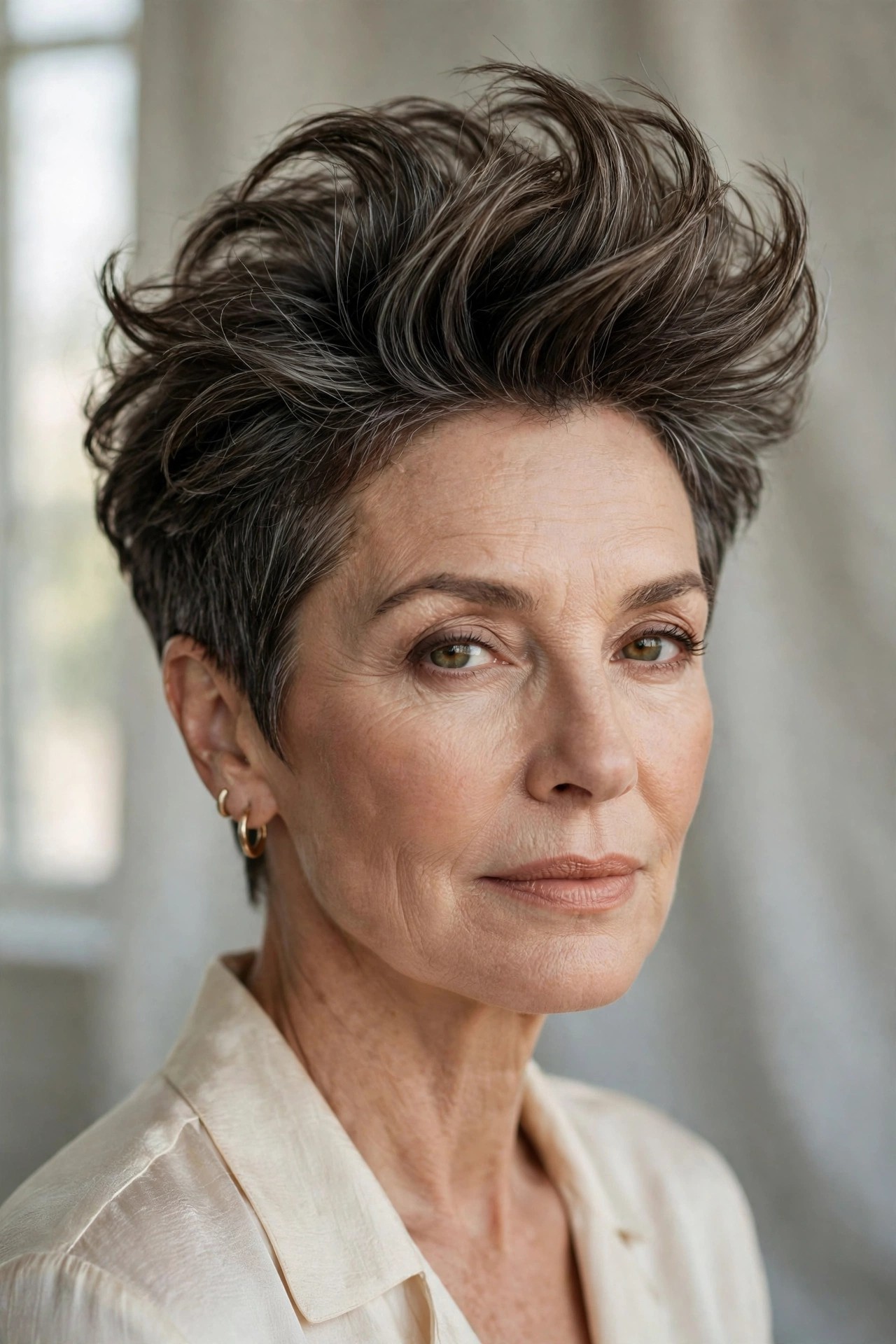 Woman in her 50s with a voluminous crown pixie