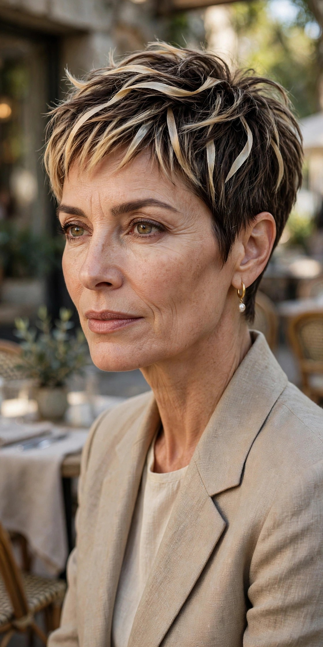 Woman in her 50s with a dimensional blonde ribbon pixie