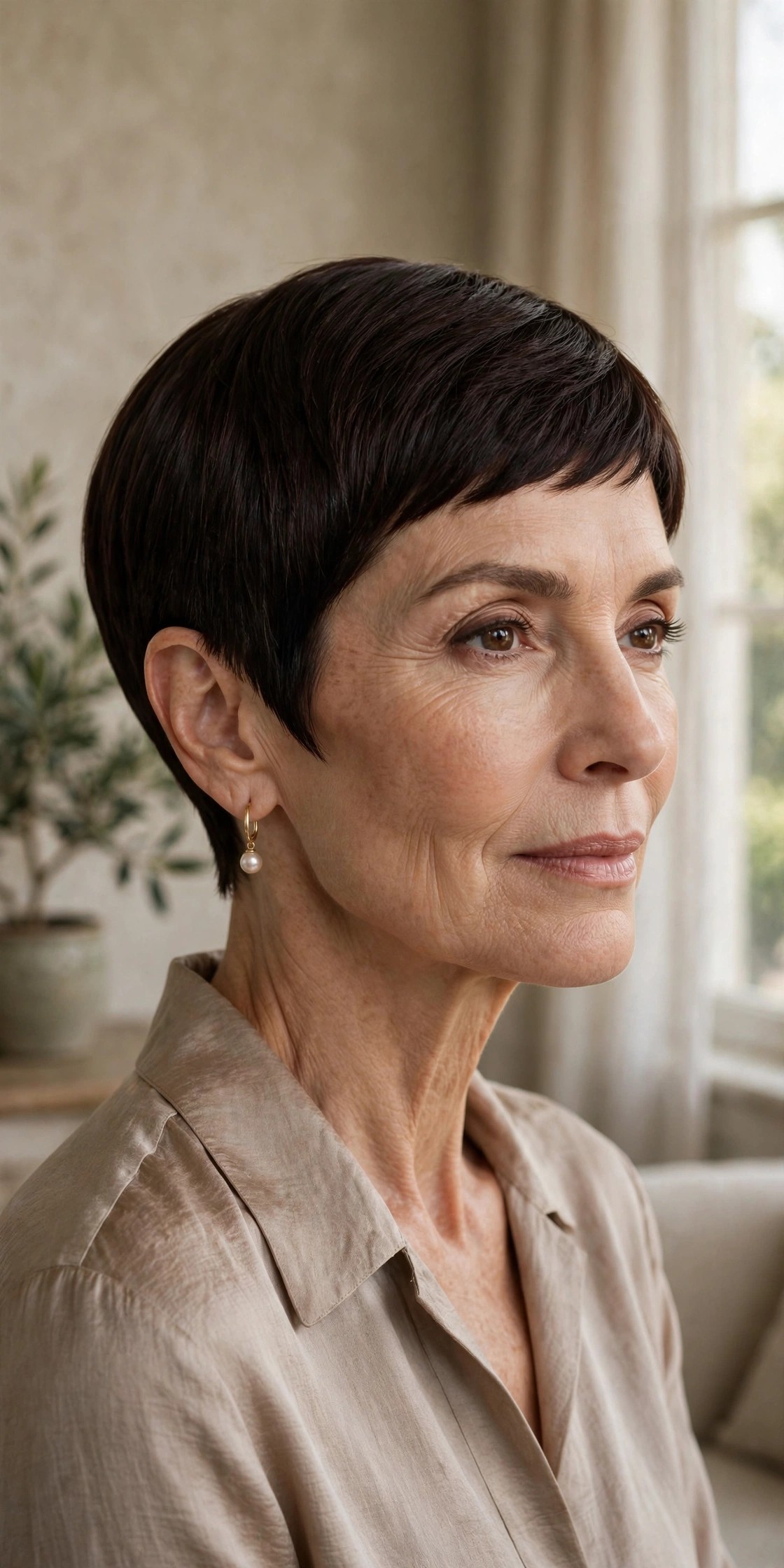 Woman in her 60s with a deep brunette pixie and strong edge