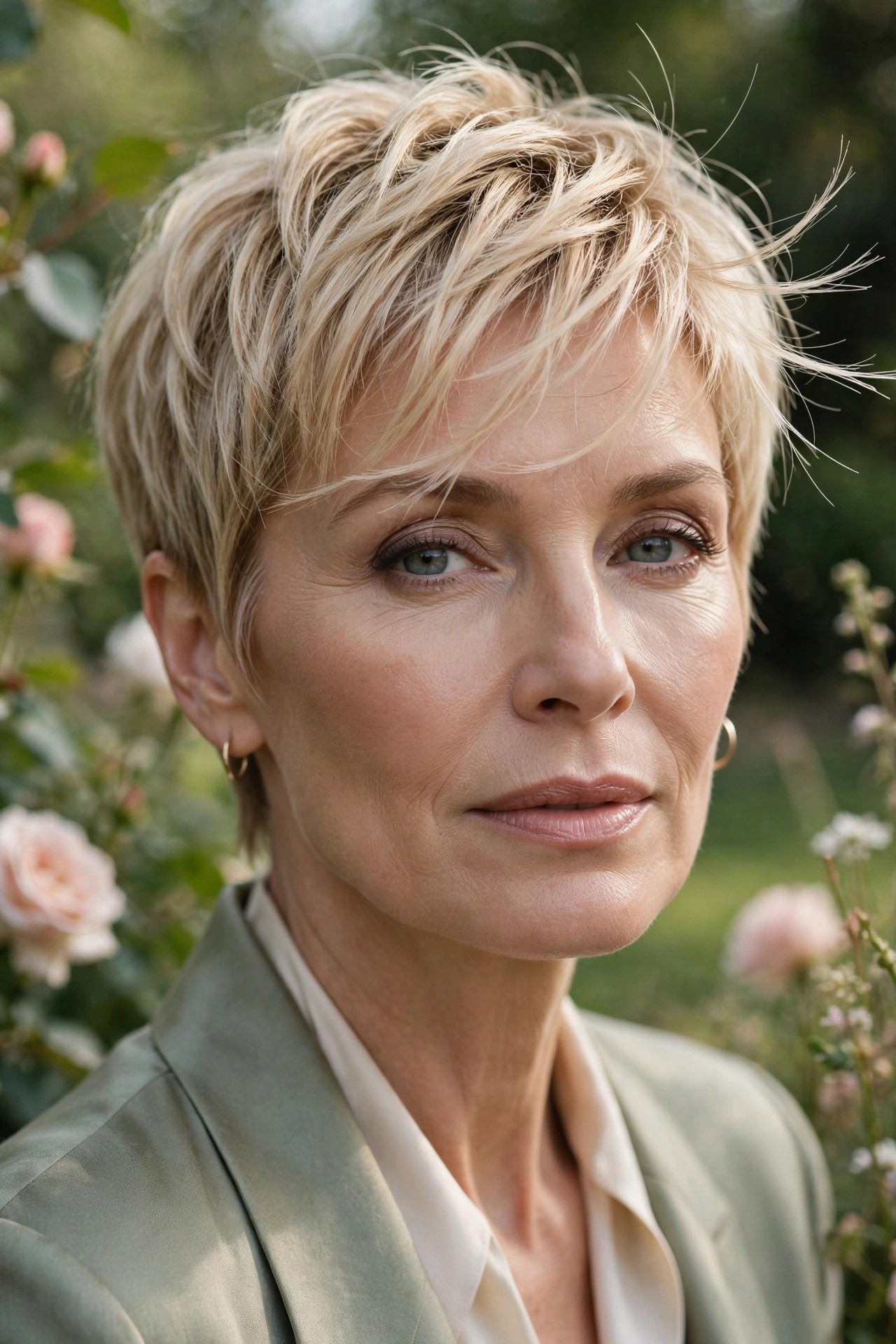 Woman in her 50s with a blonde pixie and whisper fringe