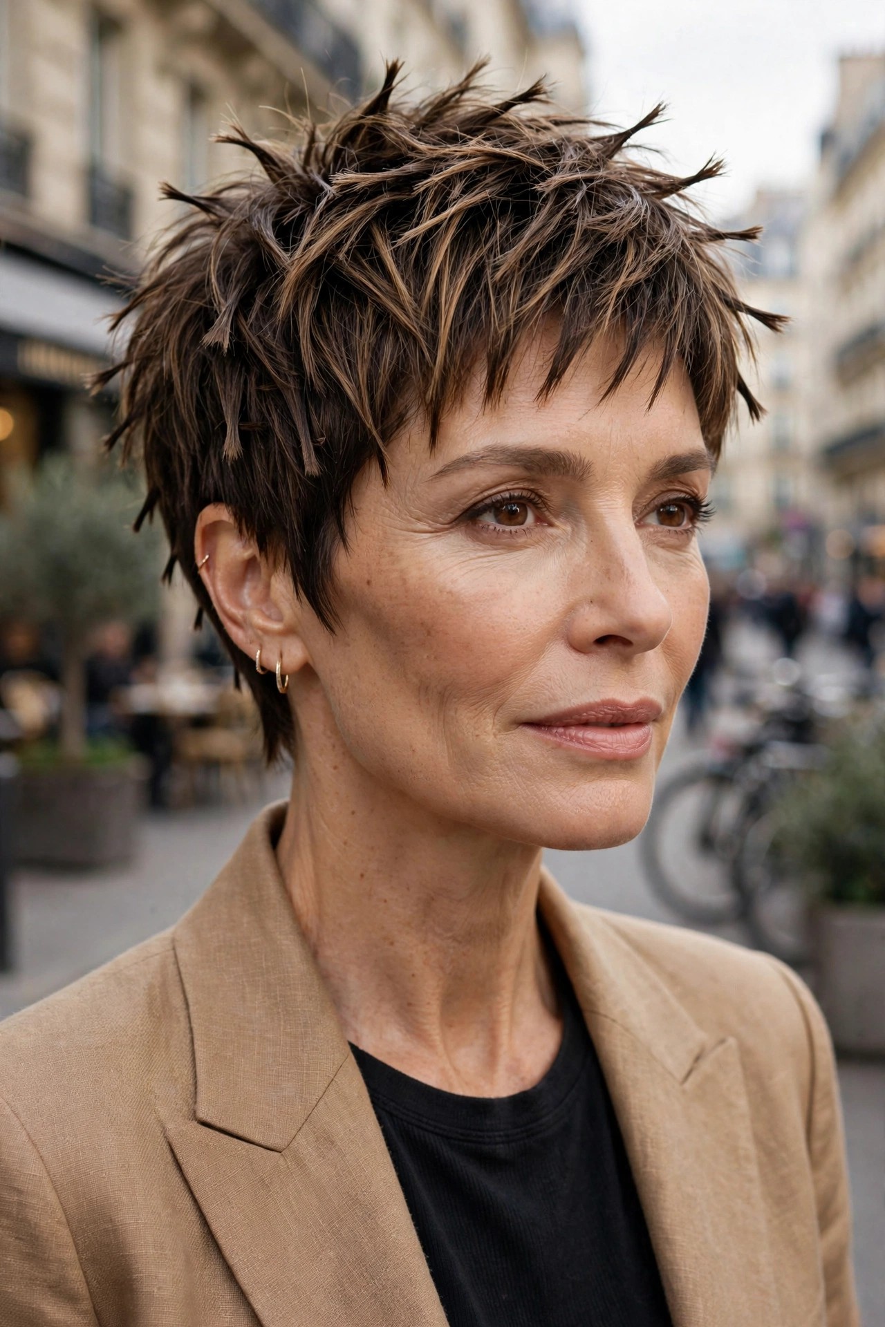 Woman in her 50s with a shattered-texture pixie crop